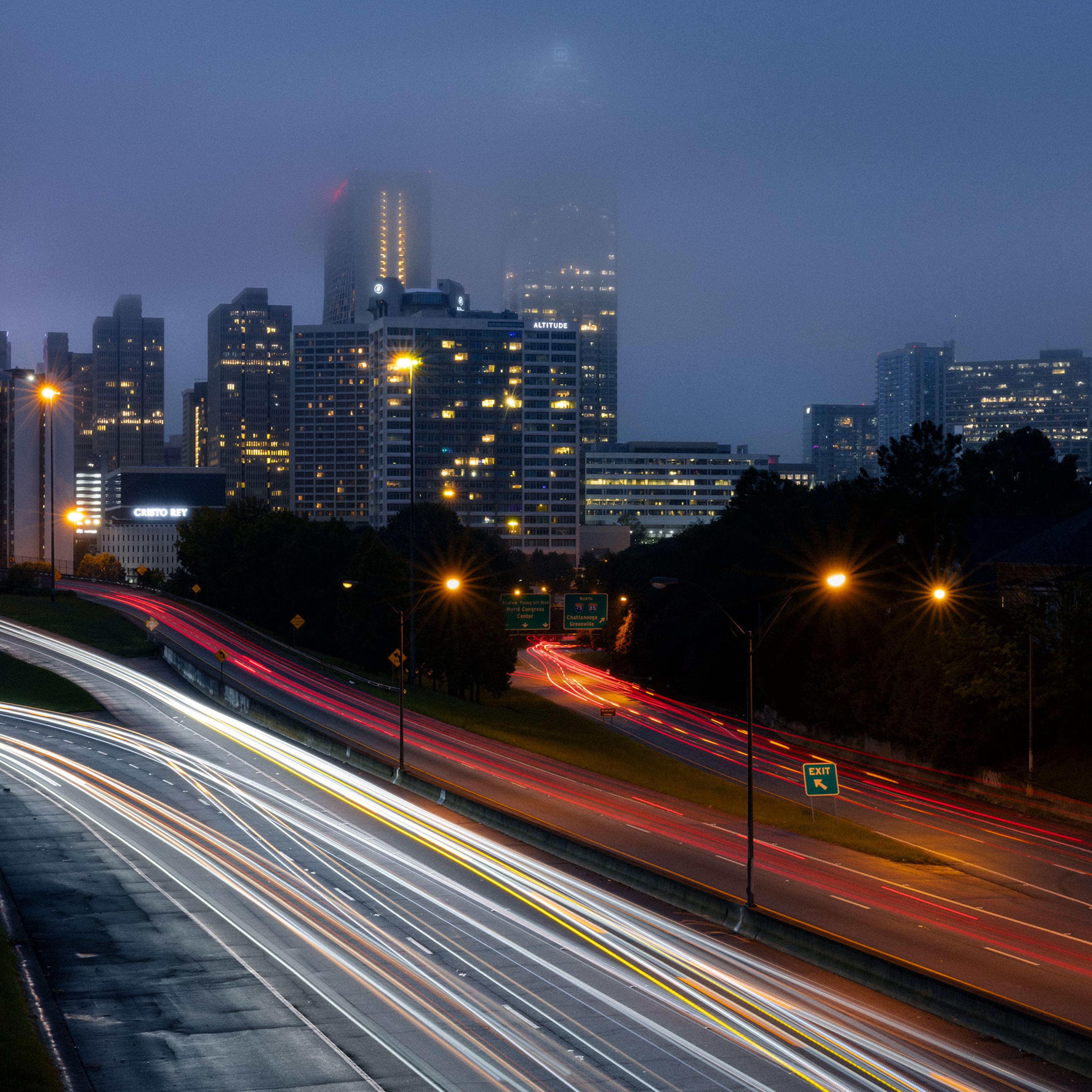 Downtown Atlanta, Georgia at night with the Georgia Power highrise on the right side of the frame.