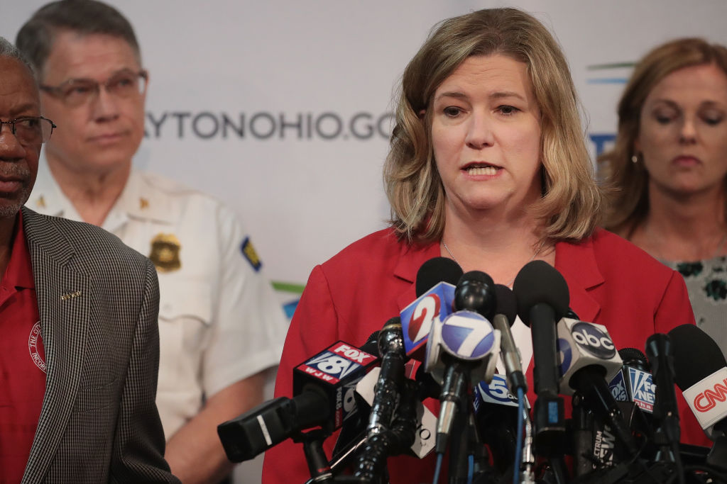 Dayton Mayor Nan Whaley updating the media on Aug. 5, 2019 mass shooting