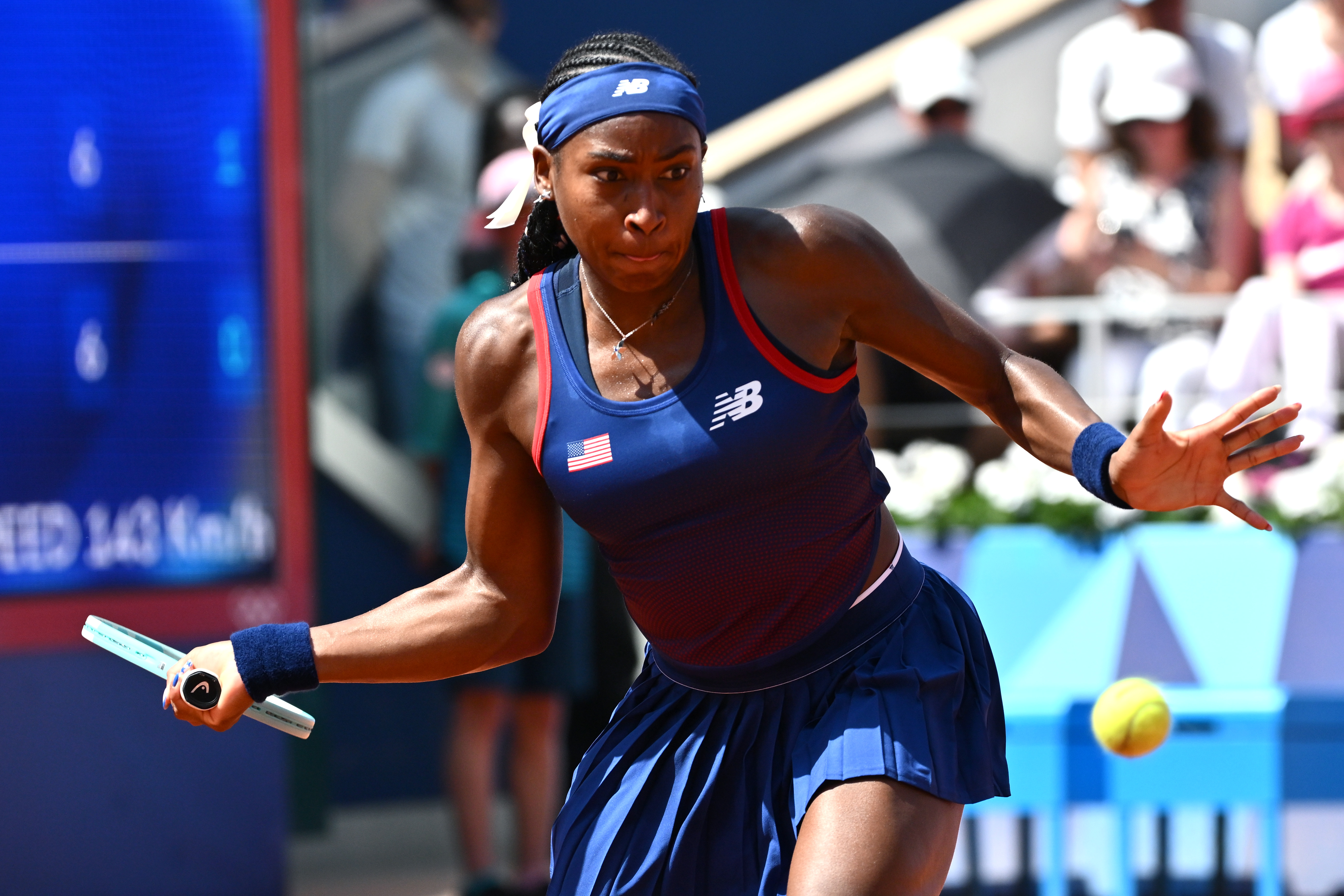 Coco Gauff of United States is playing during the Women's Singles Third Round match against Donna Vekic of Croatia  on day four of the Olympic Games Paris 2024 at Roland Garros on July 30, 2024 in Paris, France. (