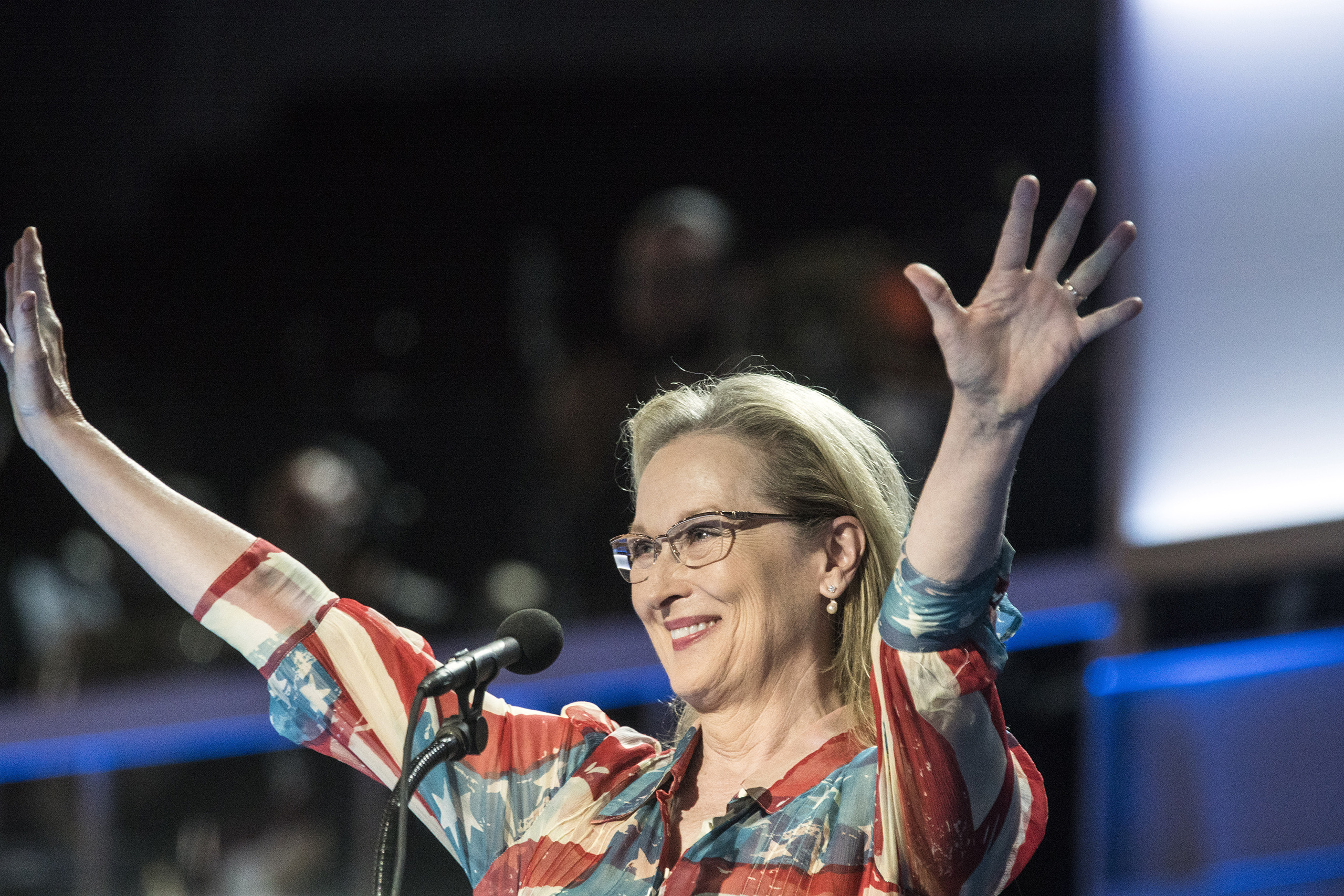 Actress Meryl Streep delivers remarks on the second day of the Democratic National Convention at the Wells Fargo Center in Philadelphia on July 26, 2016.
