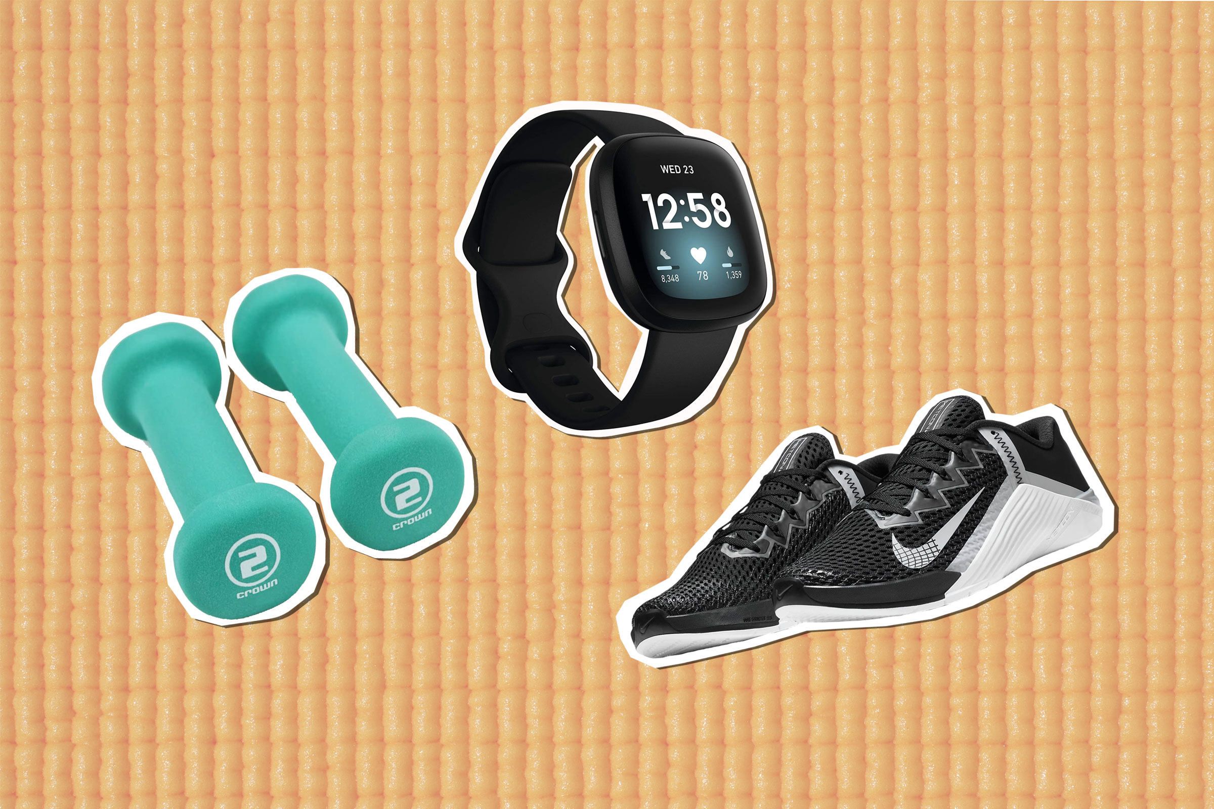 Crown Sporting Good 2-Pound Dumbbells; Fitbit Versa 3 Health & Fitness Smartwatch; Nike Metcon 6 Training Shoe