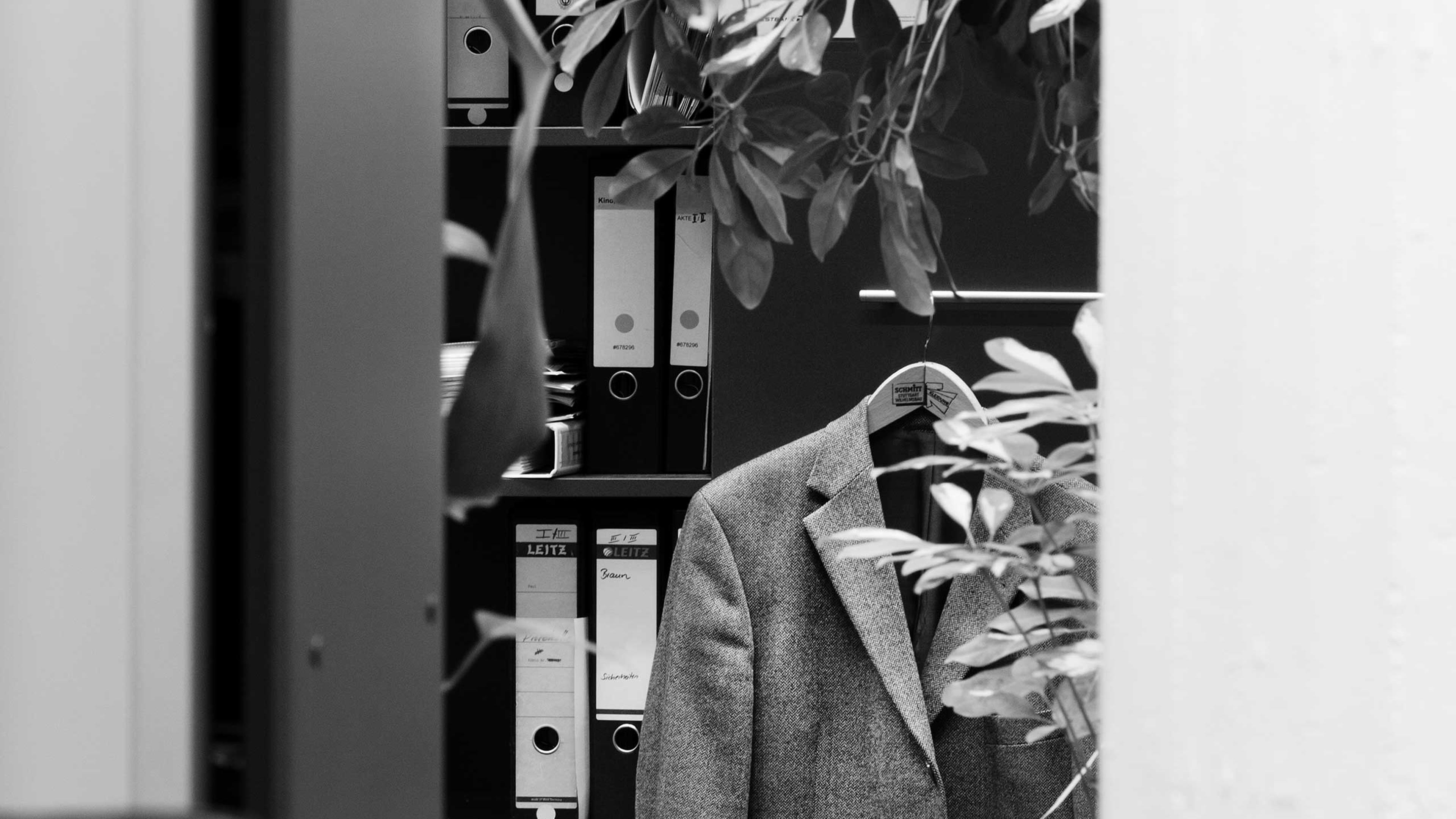 Overgrown suit jacket and filing cabinet. Open space office, private bank, Stuttgart.
Series: Büropflanze
2012.