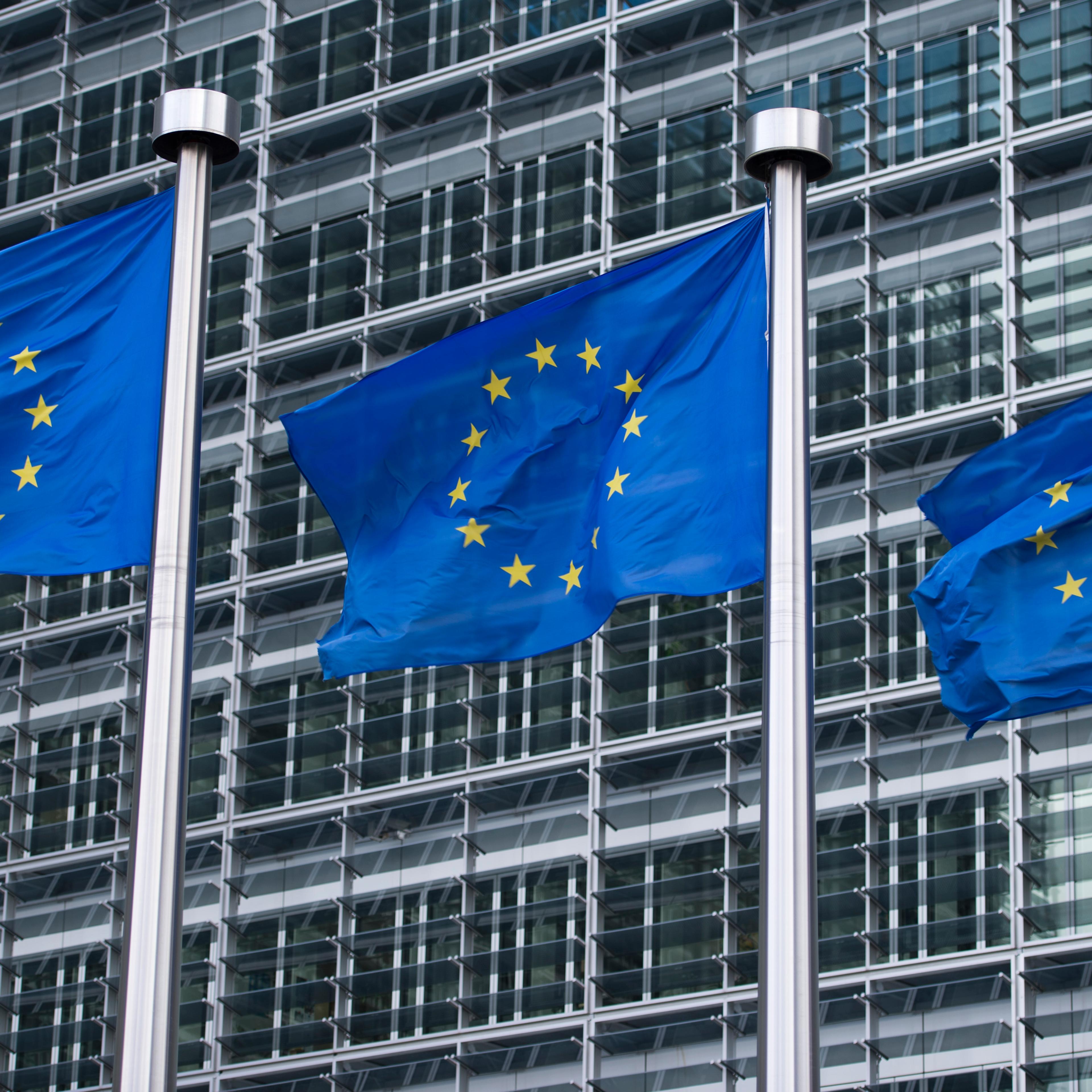 Flags of the European Union seen in front of the headquarters of the European Commission in Brussels, Belgium on March 3, 2014.