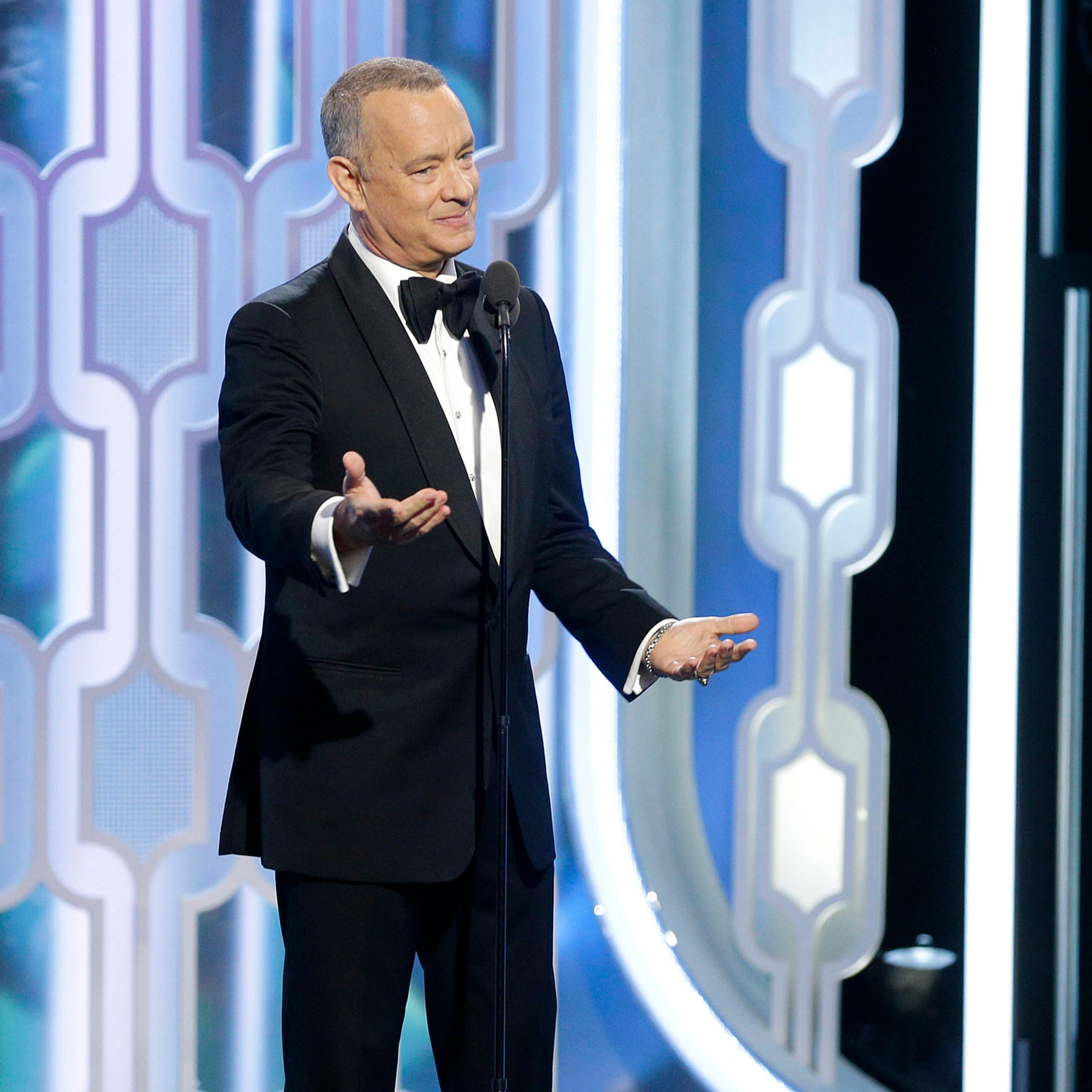 In this handout photo provided by NBCUniversal, Presenter Tom Hanks speaks onstage during the 73rd Annual Golden Globe Awards at The Beverly Hilton Hotel on Jan. 10, 2016 in Beverly Hills, California.