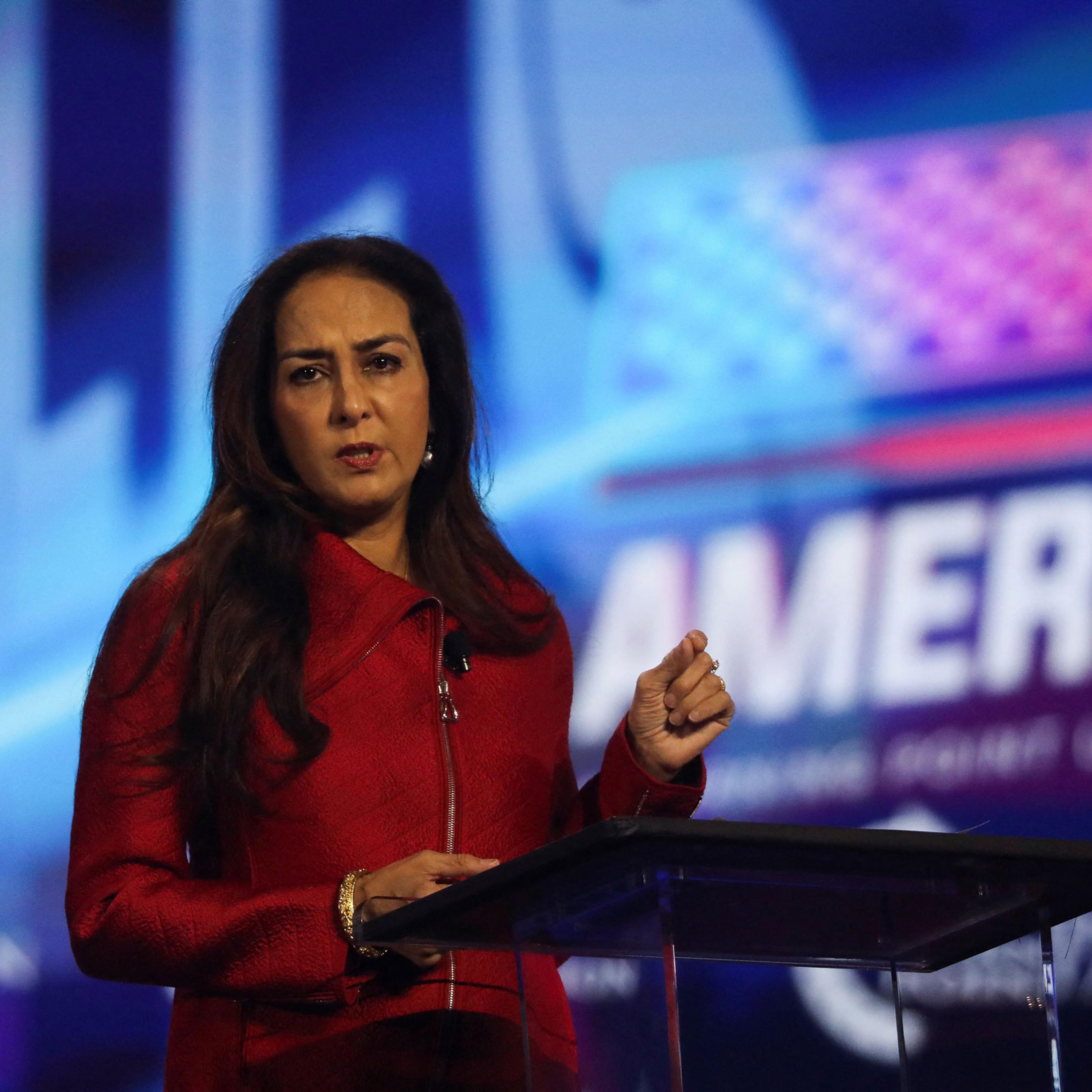 Harmeet Dhillon, a candidate for chairperson of the Republican National Committee, speaks during a right-wing gathering known as America Fest