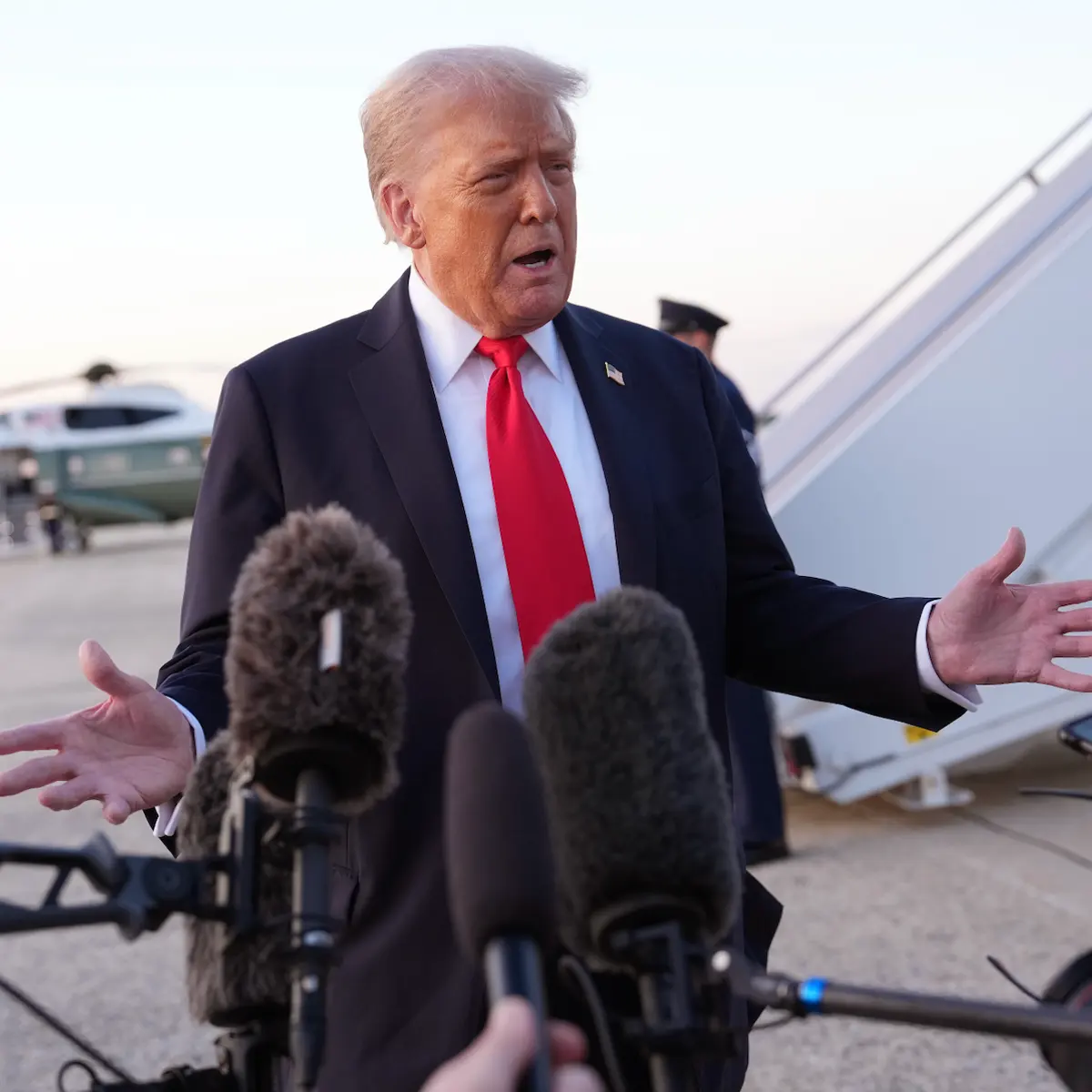 President Donald Trump is seen speaking to reporters at Joint Base Andrews, Maryland, on Sept. 7, 2025.