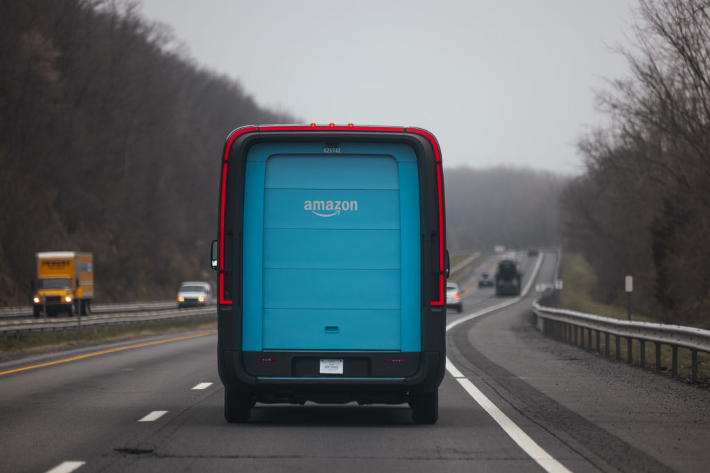 An Amazon Rivian electric delivery van on Interstate 87 near Harriman, New York, US, on April 11, 2024.