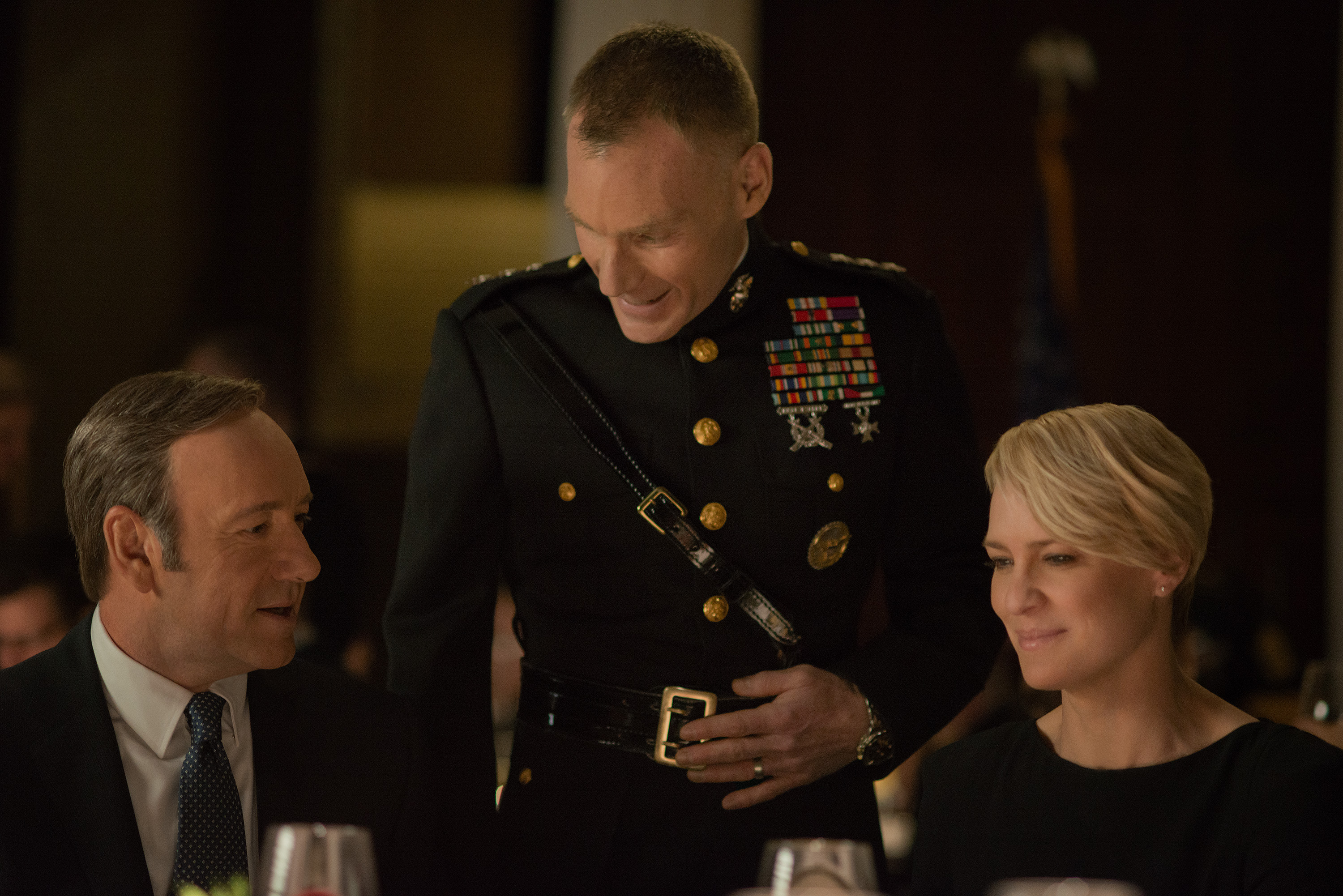 Kevin Spacey (left), Peter Bradbury (center), and Robin Wright in a scene from "House of Cards" Season 2