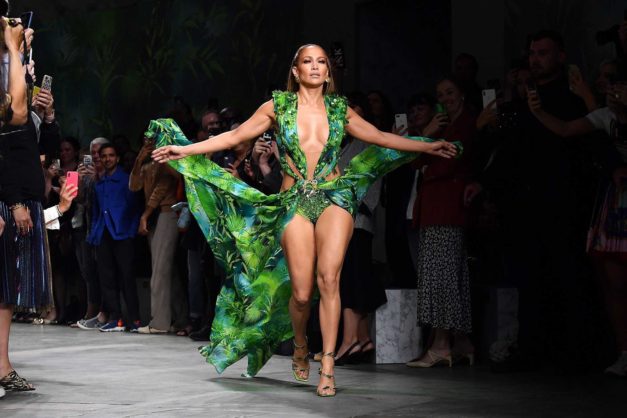Jennifer Lopez Closes Runway Show in Green Versace Dress