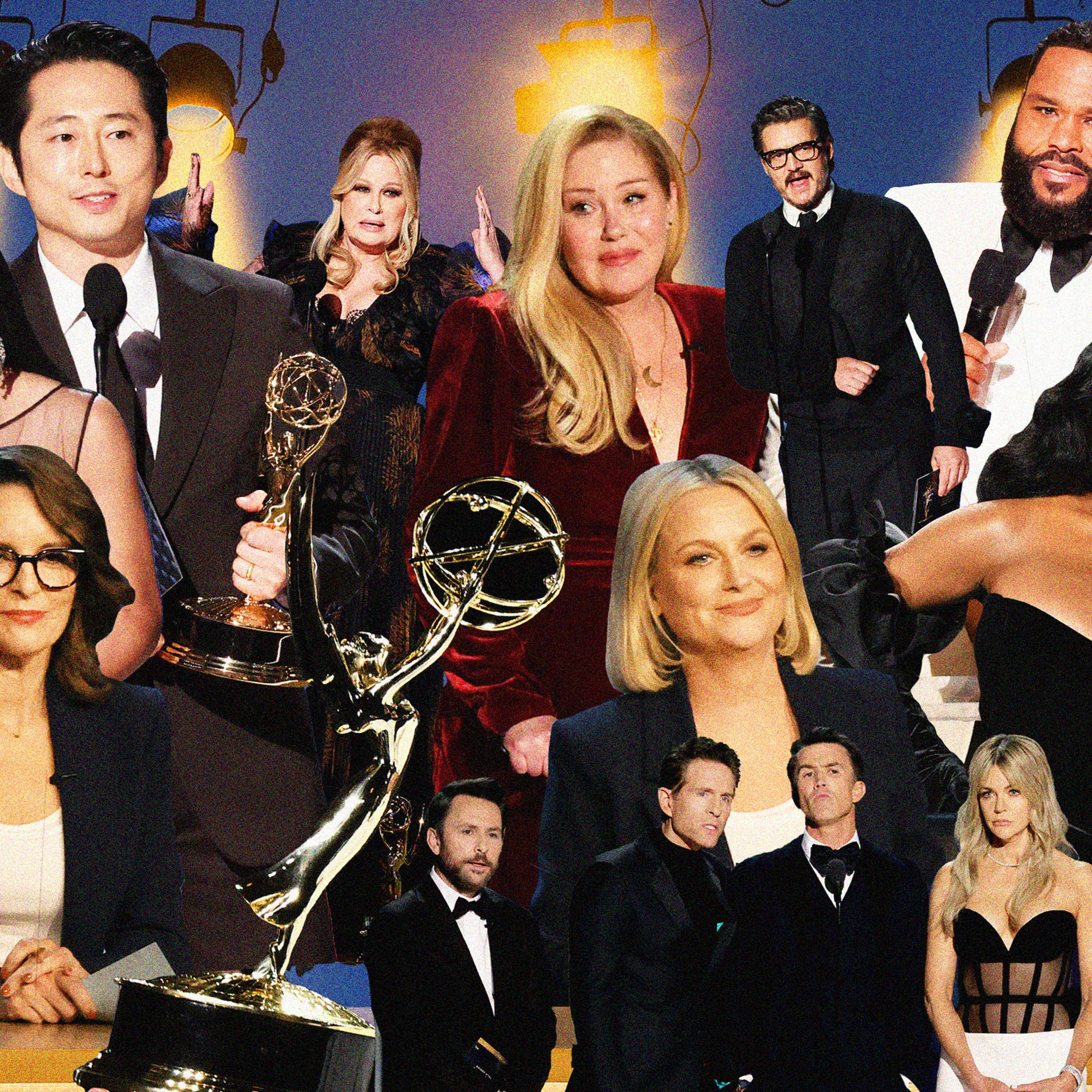 A collage of different acros and moments from the 75th annual Emmy awards