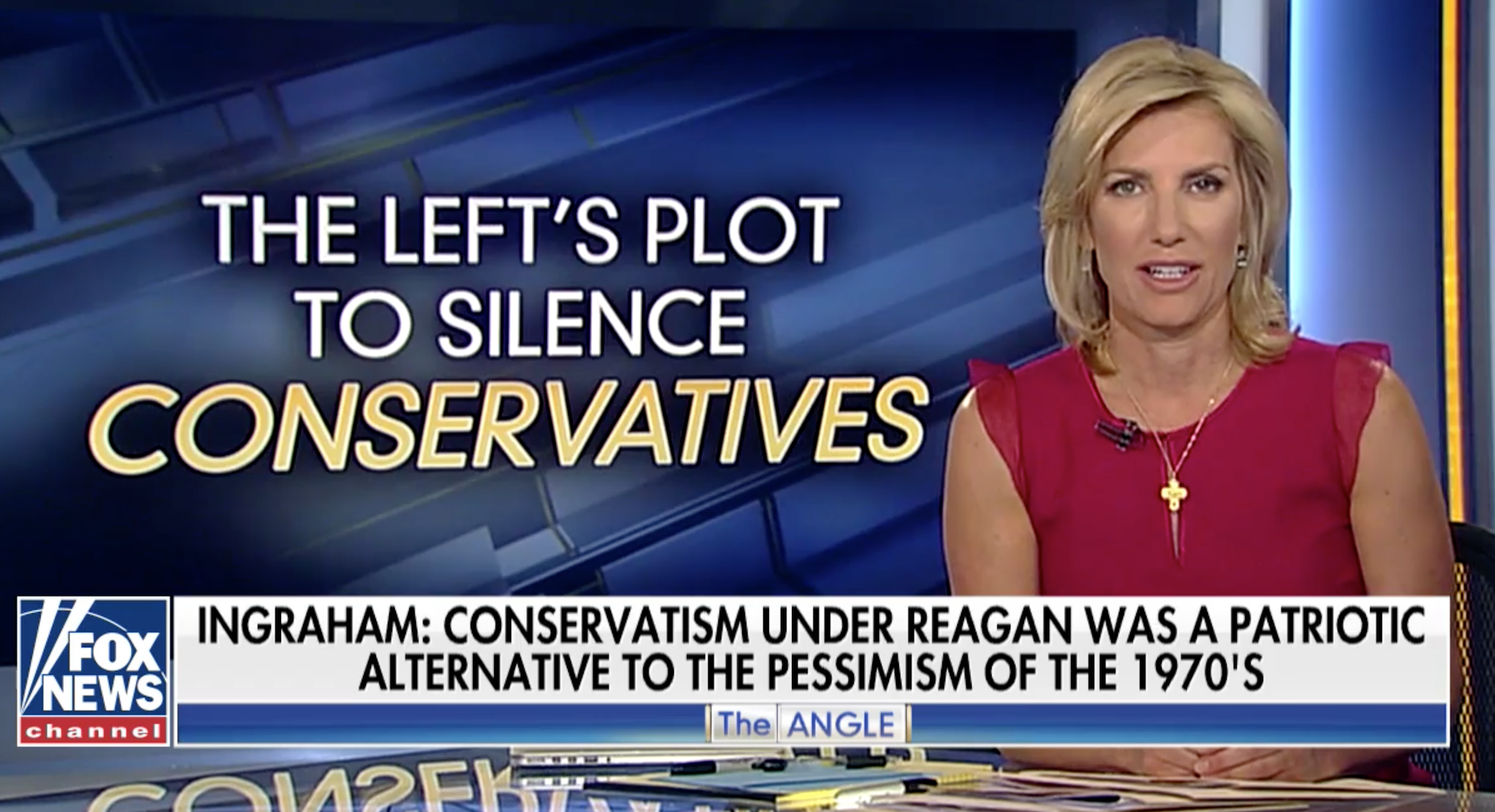Laura Ingraham hosting "The Ingraham Angle" on Fox News on Apr. 9, 2018