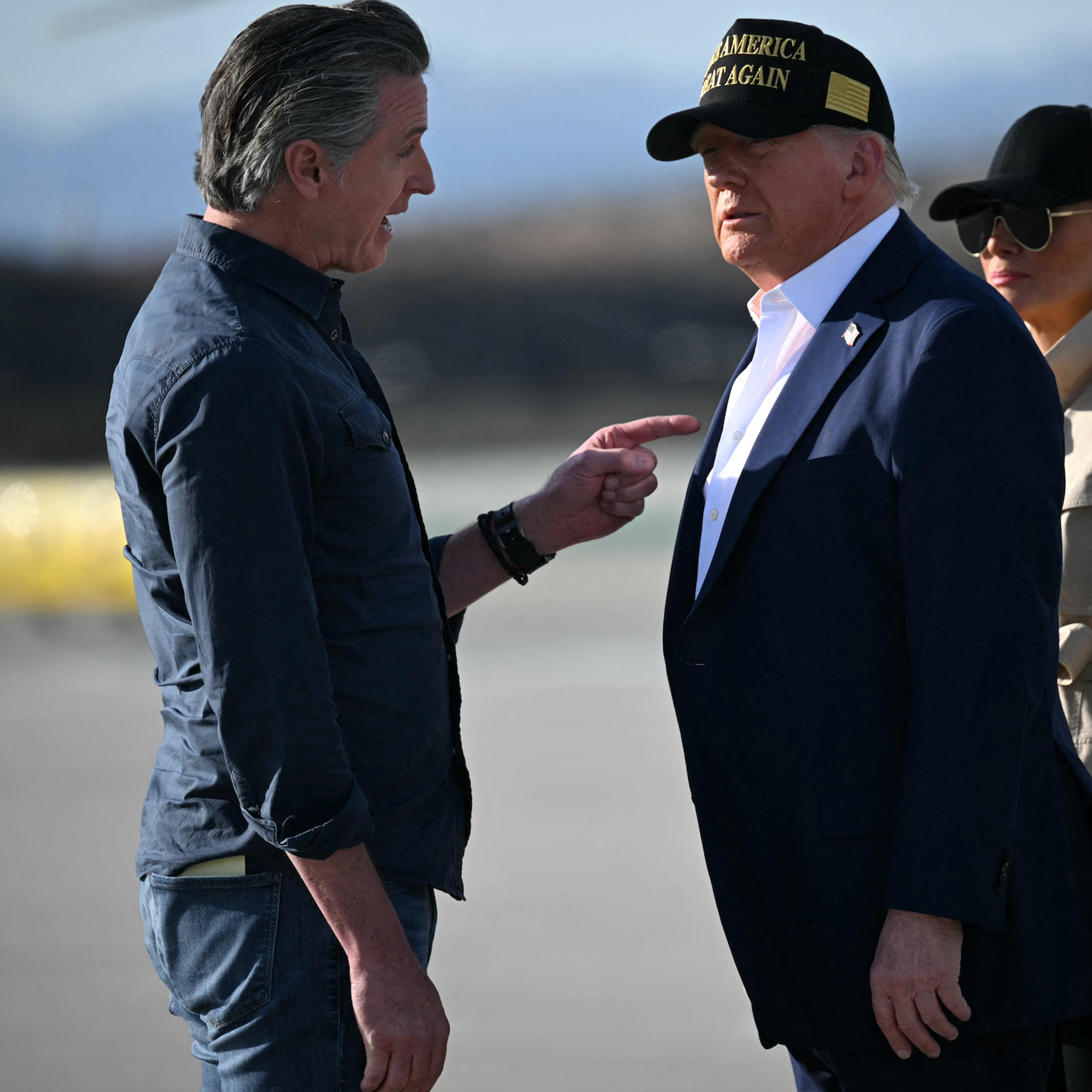 President Donald Trump and First Lady Melania Trump are greeted by California Gov. Gavin Newsom at Los Angeles International Airport in California, on Jan. 24, 2025.