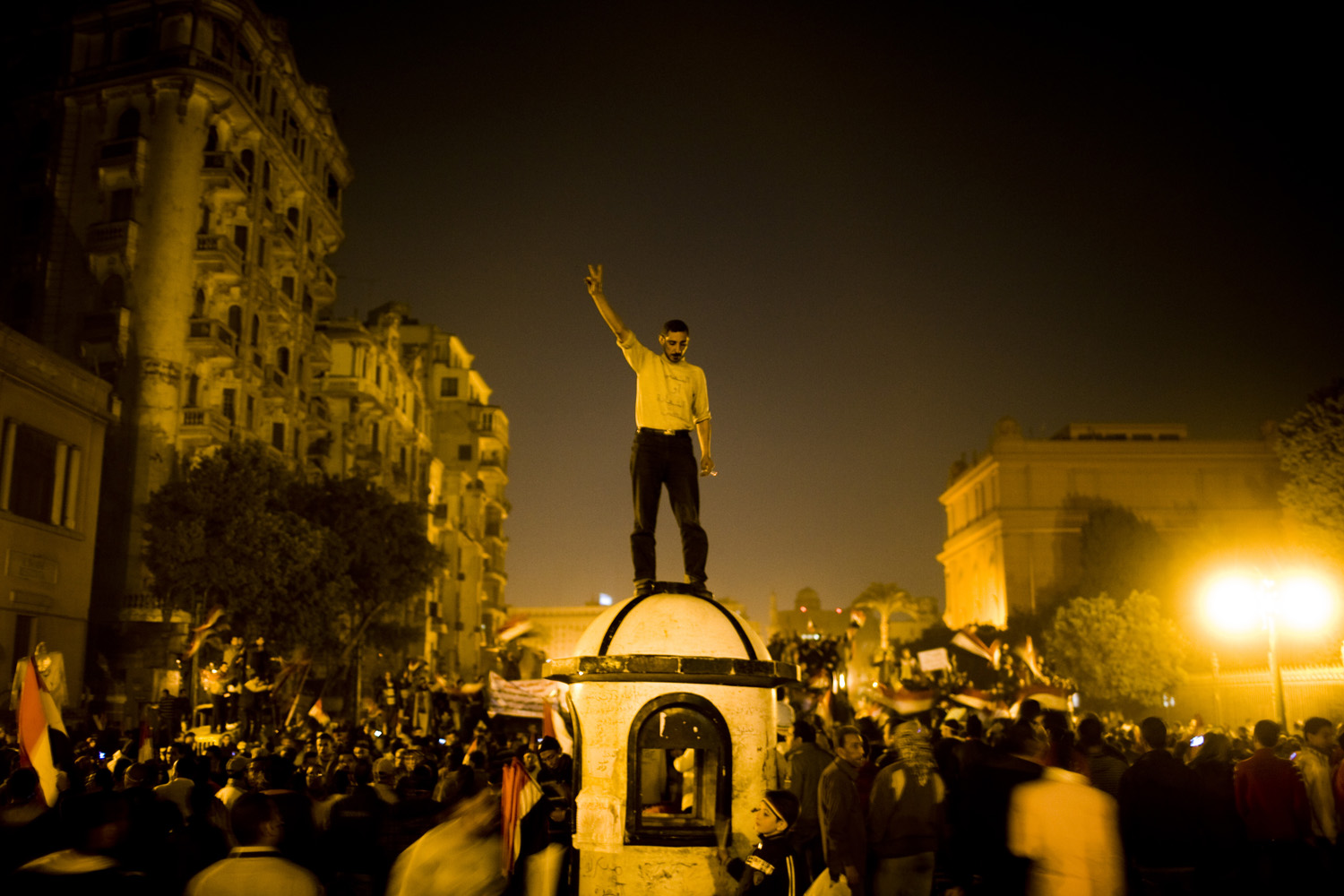 Egypt, Cairo, 2011. 
Anti Mubarak protesters after hearing of president Hosni Mubarak's resignation in Tahrir square on Friday.