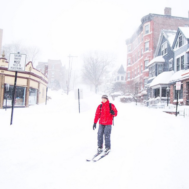 Marissa McClain posted this photo from Brookline, Mass. saying "Ventured outside. Found this man skiing down summit."