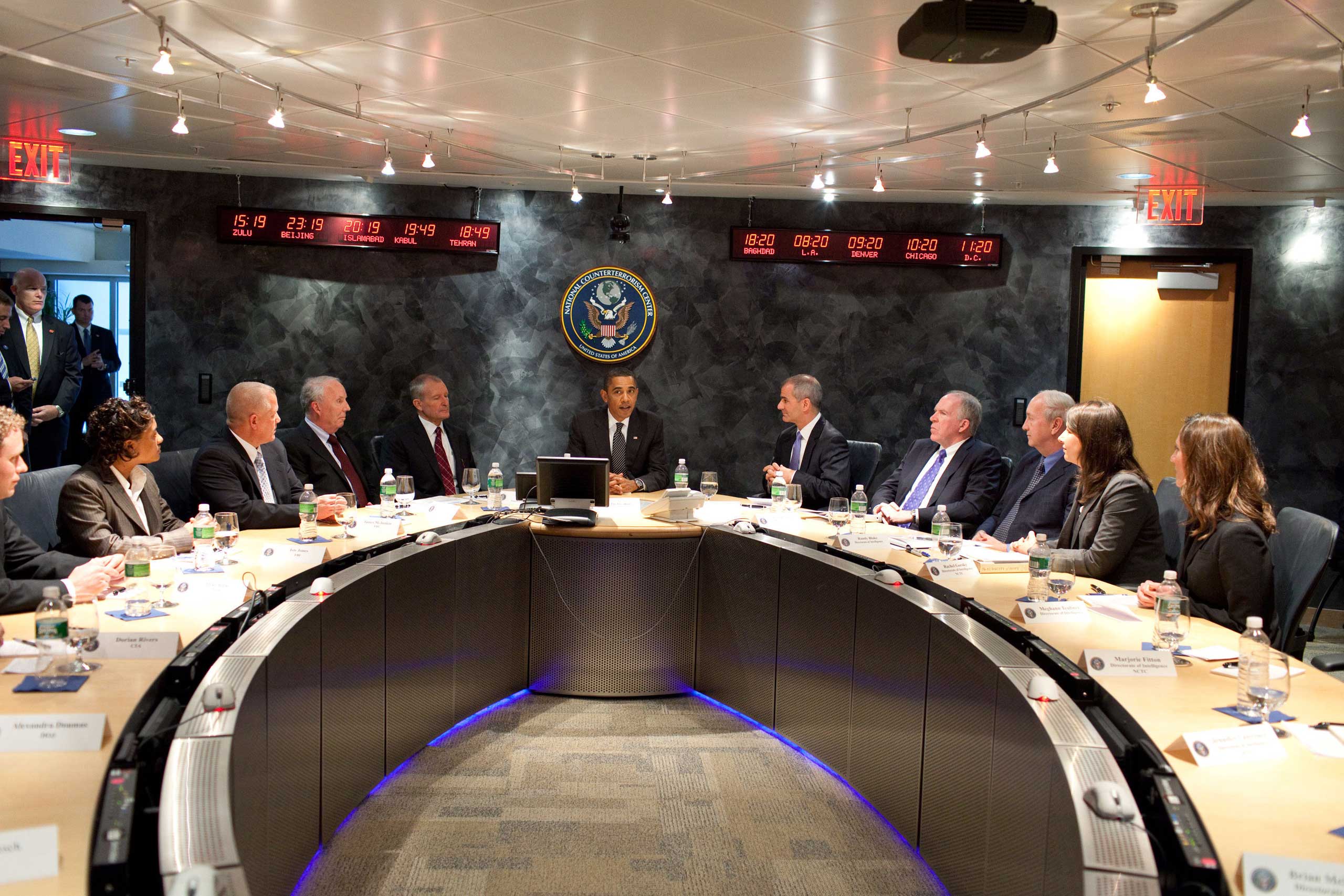 President Barack Obama meets with NCTC Director Michael Leiter, center right, leadership and analysts in the Secure Video Teleconference Room at the National Counterterrorism Center in McLean, Va, Oct. 6, 2009. (Official White House Photo by Samantha App