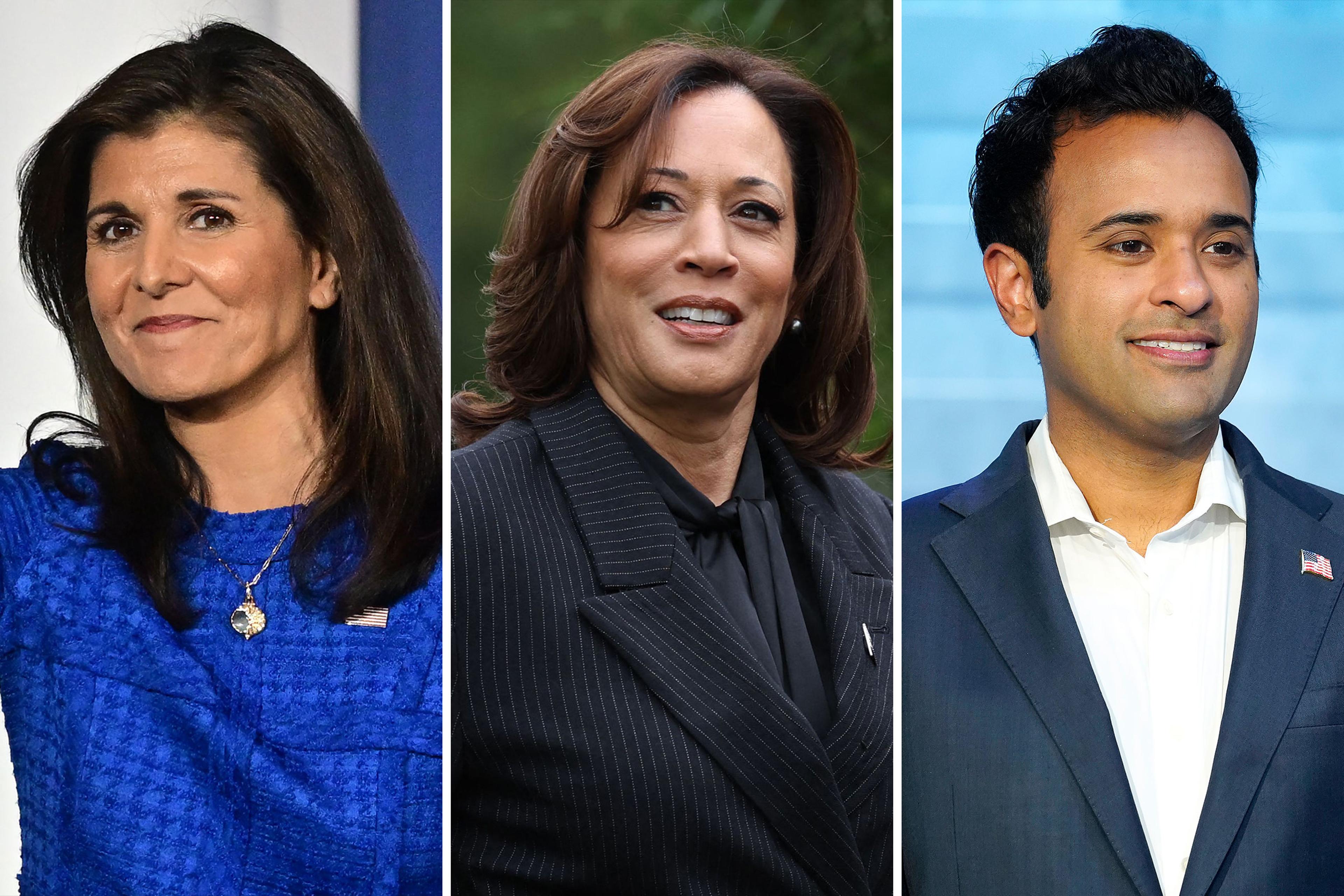 A split image of Republican presidential candidate Nikki Haley; Vice President Kamala Harris; Republican Presidential candidate Vivek Ramaswamy