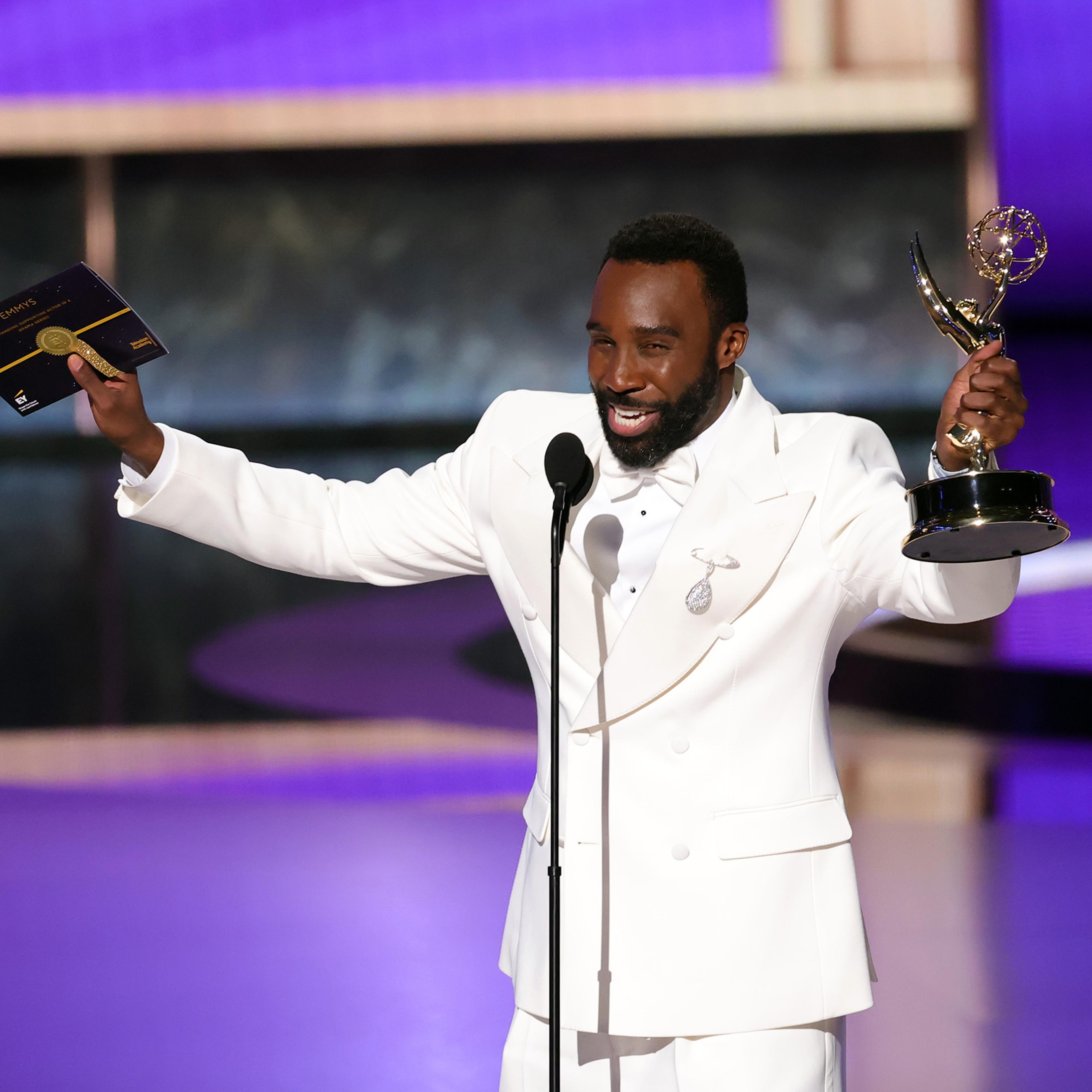 Tramell Tillman wins Outstanding Supporting Actor in a Drama Series for "Severance" at the 77th Emmy Awards in Los Angeles on Sept. 14, 2025.