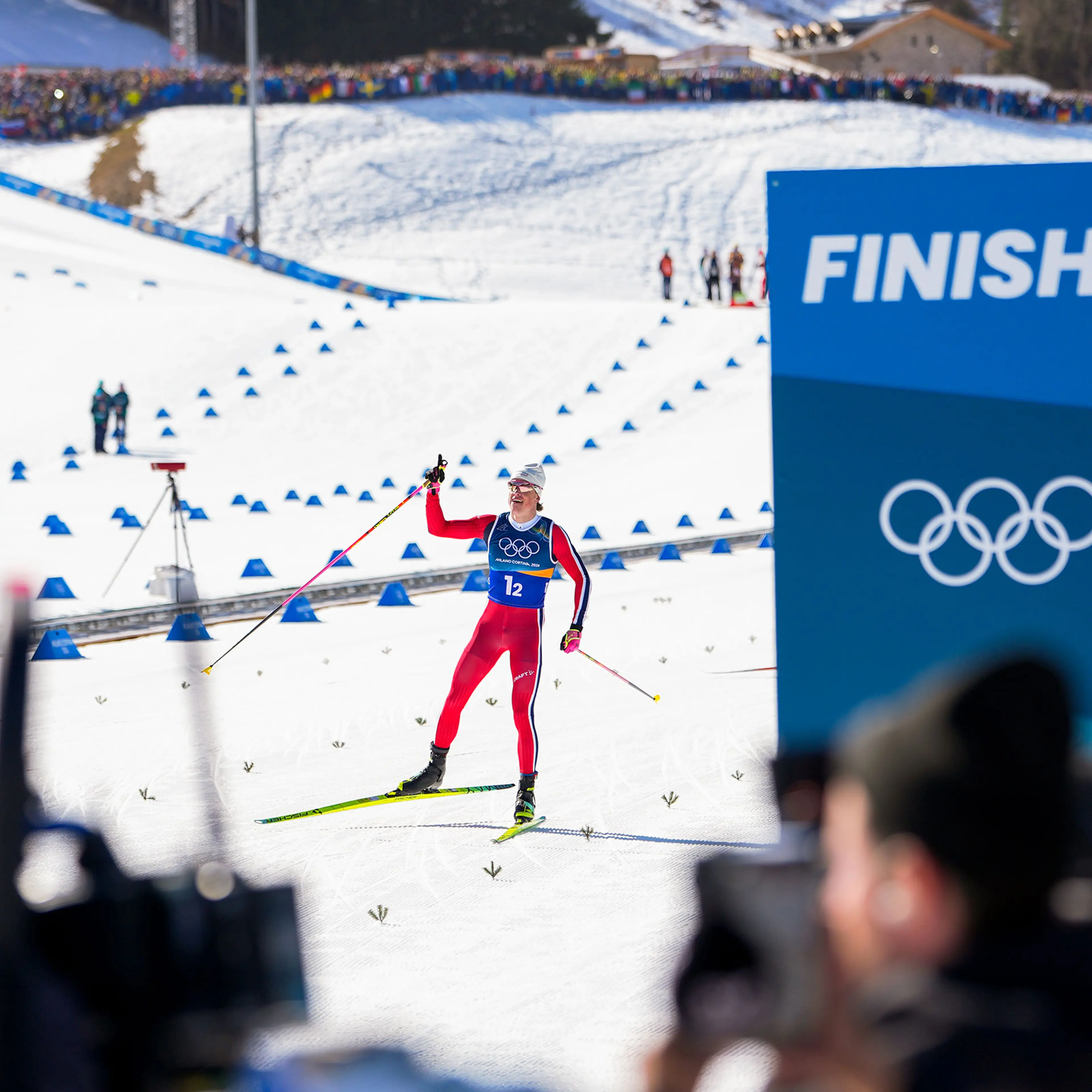 Gold medalist Johannes Hoesflot Klaebo of Norway competes during the Team Sprint Free on day twelve of the Milano Cortina 2026 Winter Olympic games on Feb 18, 2026.
