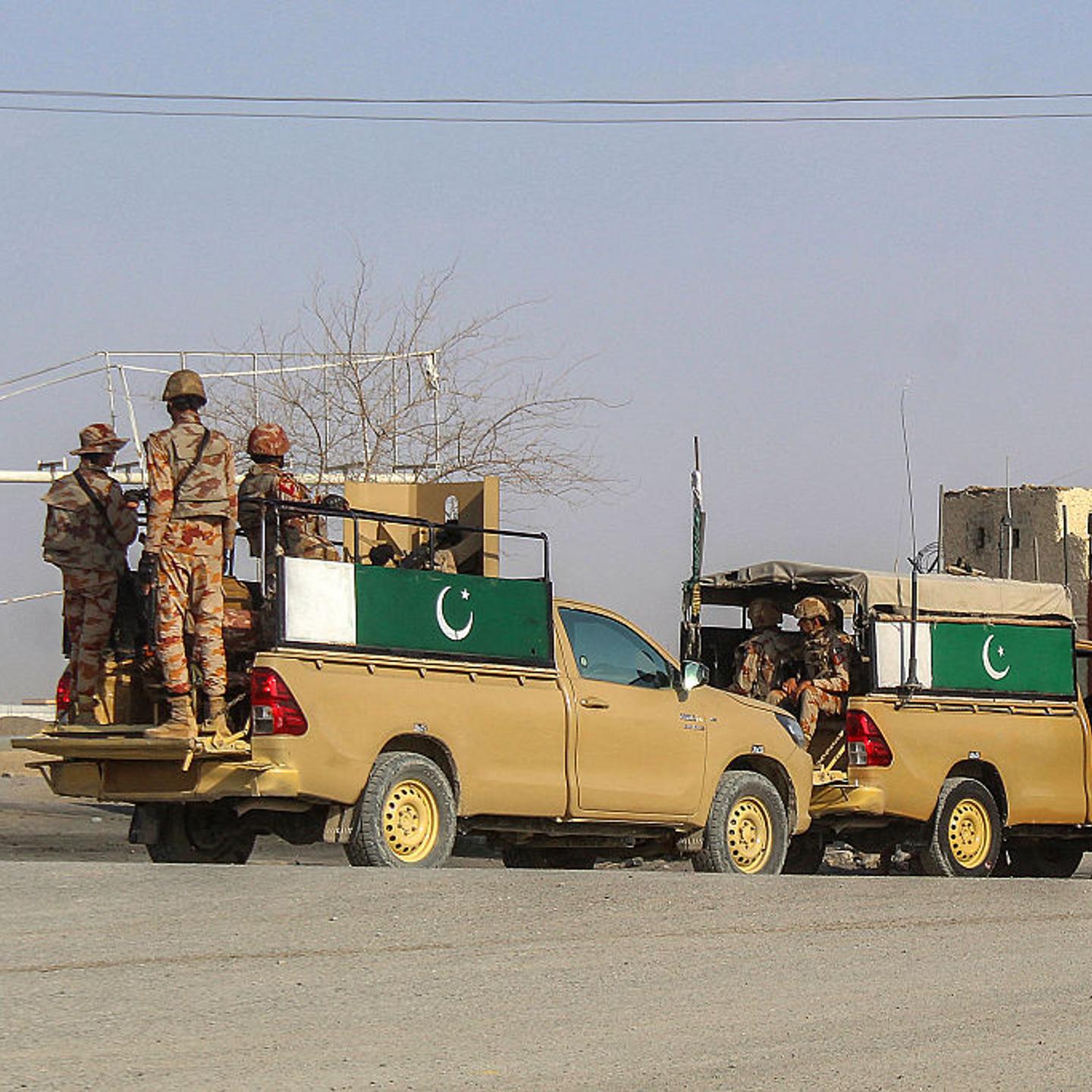Pakistani soldiers patrol near the Pakistan-Afghanistan border crossing in Chaman following overnight cross-border fighting between the two countries on Feb. 27, 2026.