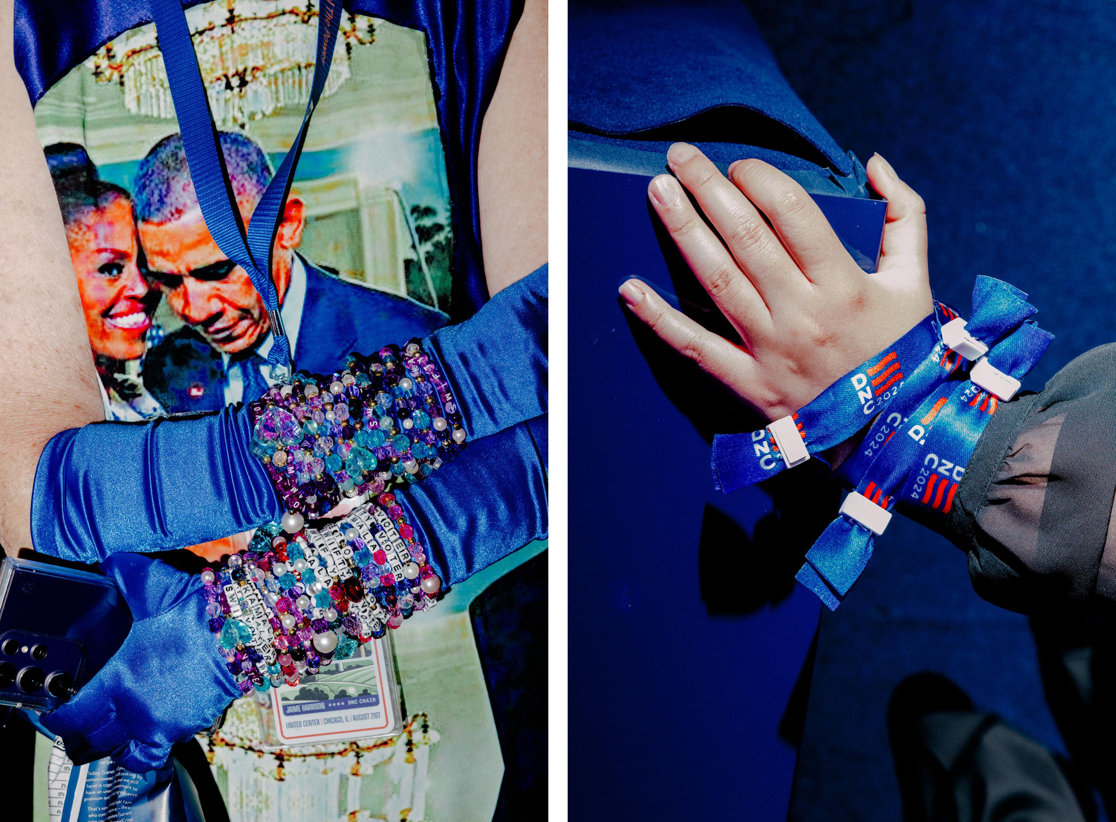 <b>Day 3</b>: An attendee wears a top decorated with a photograph of Former President and First Lady Barack and Michelle Obama, Aug. 21; <b>Day 2</b>: DNC wristbands, Aug. 20