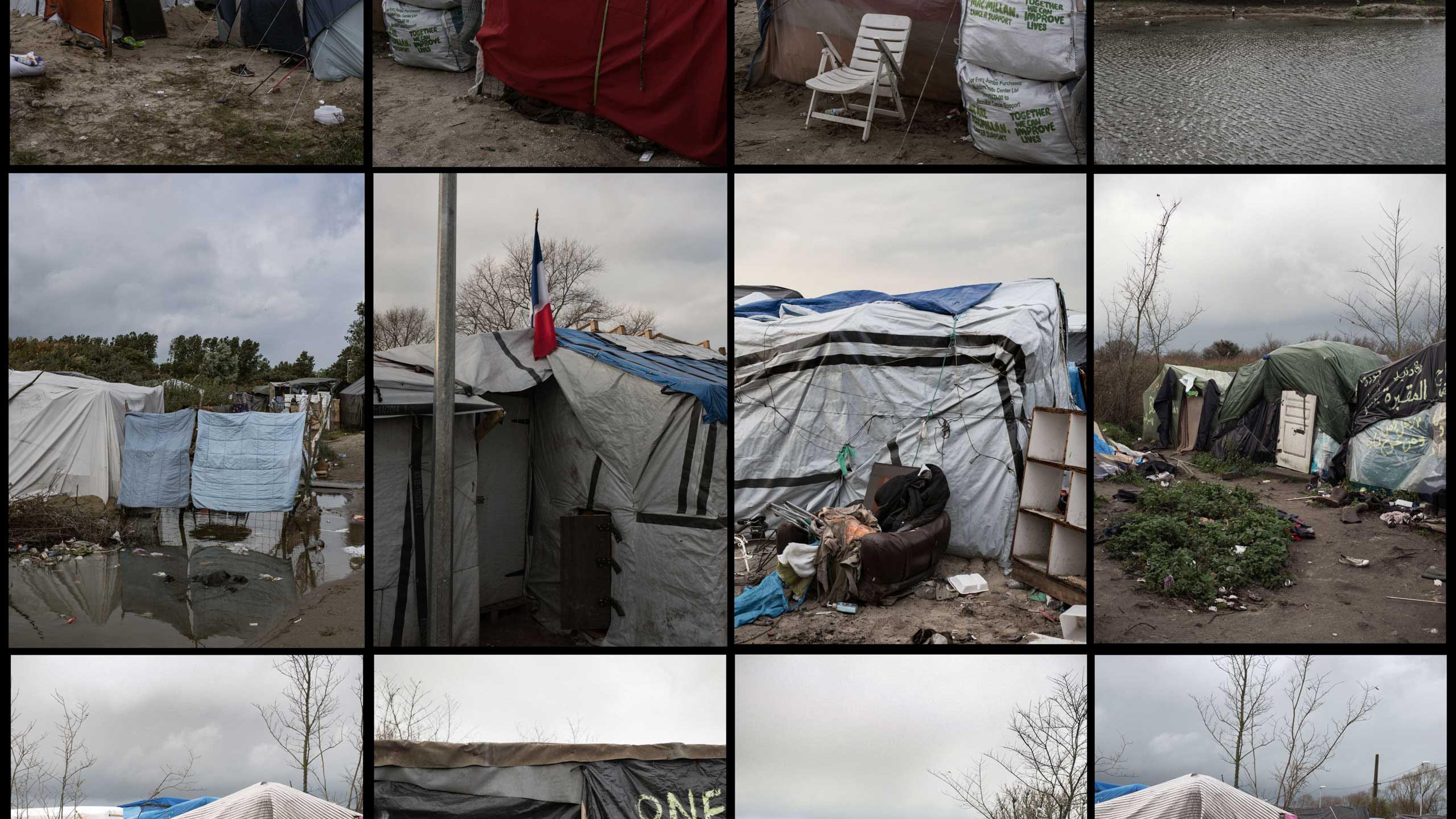 A grid showing various make-shift dwellings for migrants in the shantytown known as the "jungle" in Calais, France, where 4000 migrants, refugees, and asylum seekers have sought shelter before attempting to make their way to the United Kingdom, 2015.