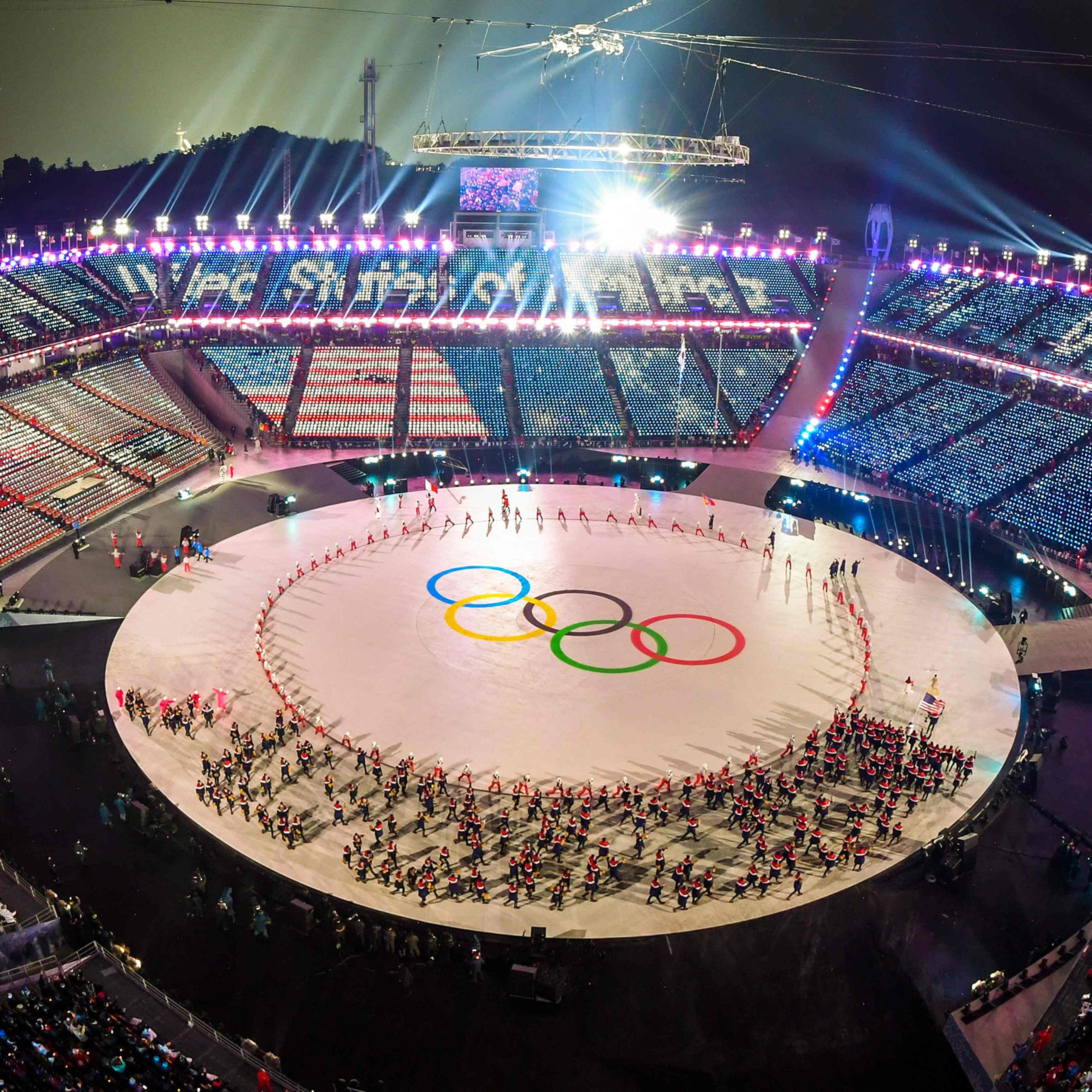 View of the Olympic rings during the opening ceremony of the Pyeongchang 2018 Winter Olympic Games.
