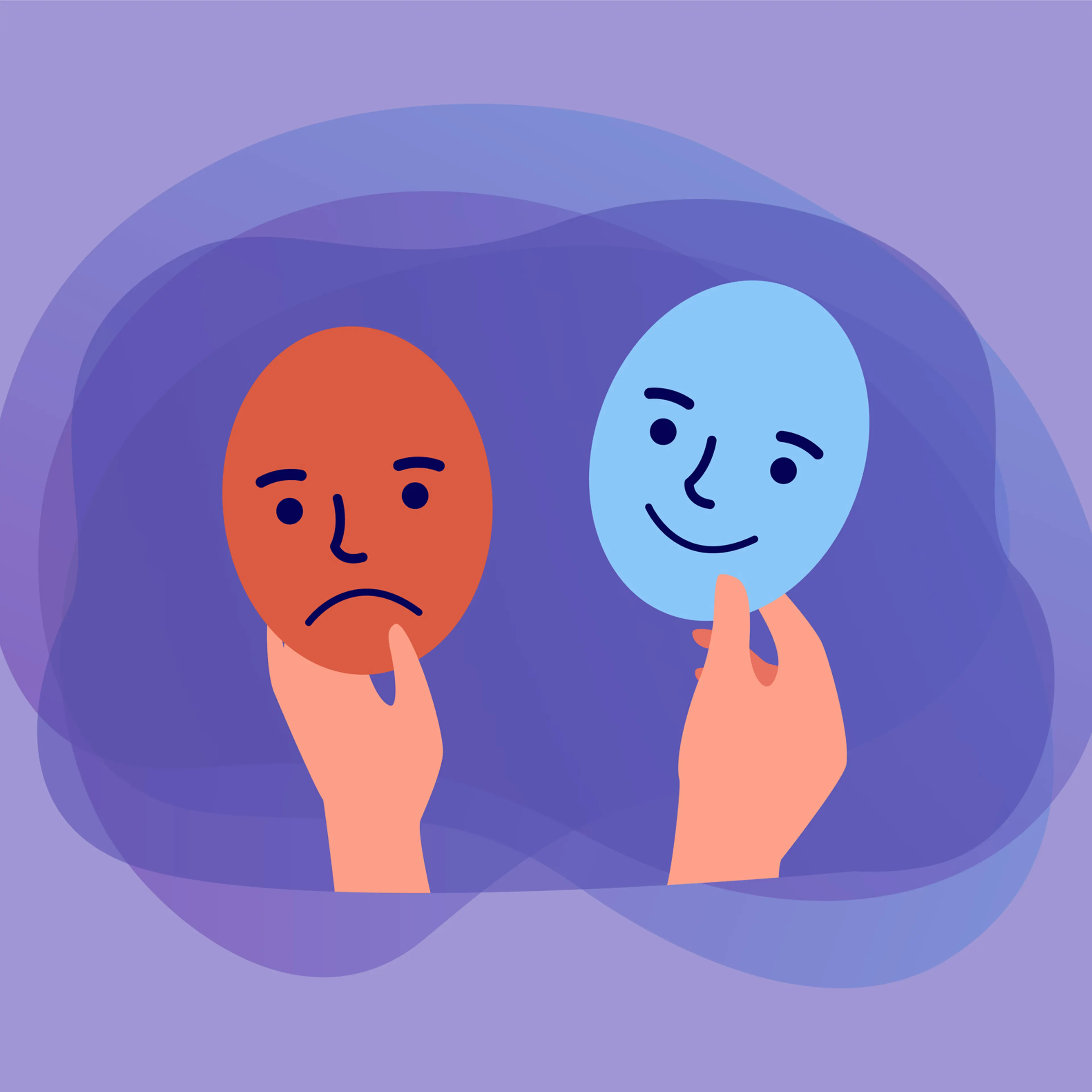 Hands holding masks with happy and sad faces