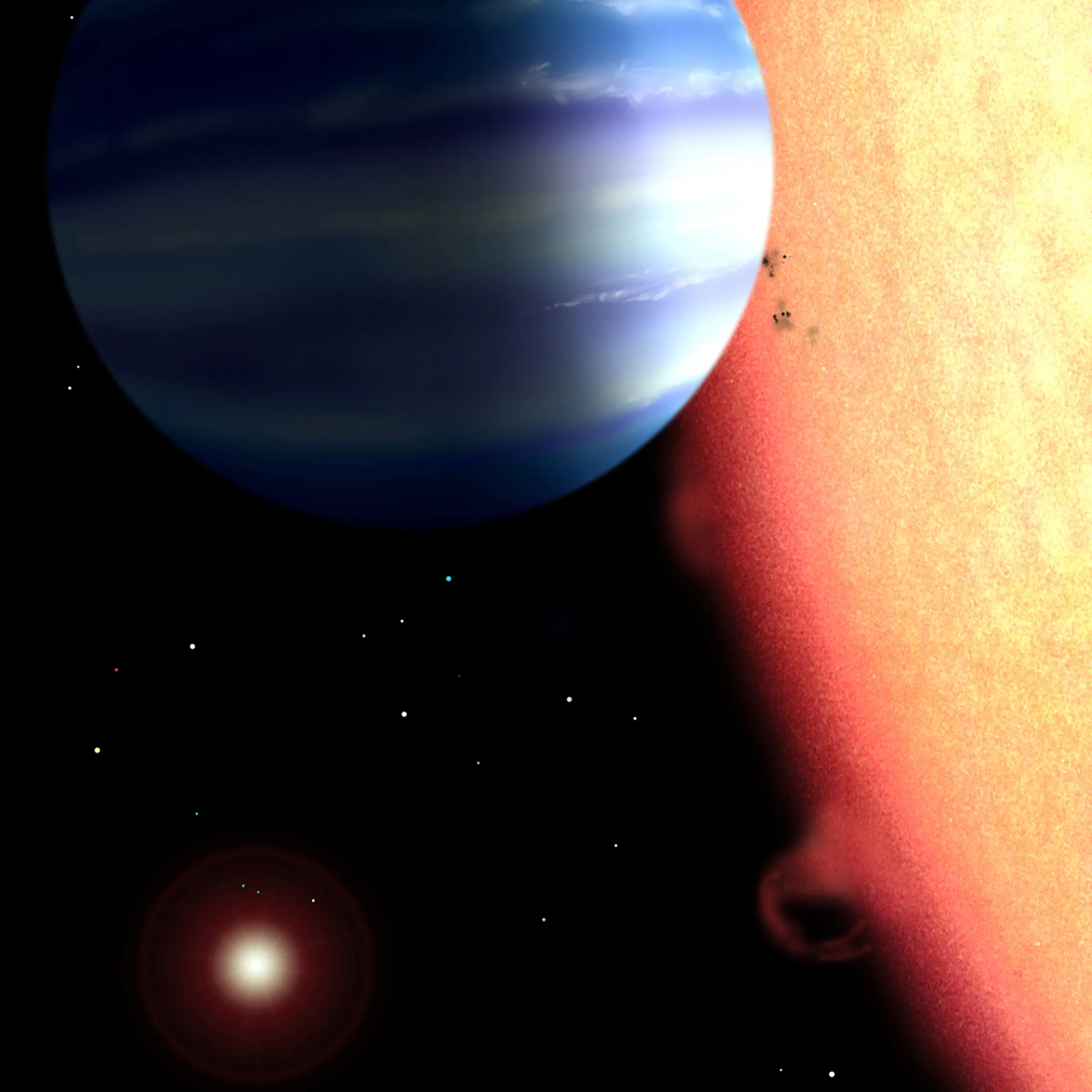 An artist's conception of a hot-Jupiter extrasolar planet orbiting a star similar to tau Boötes.
