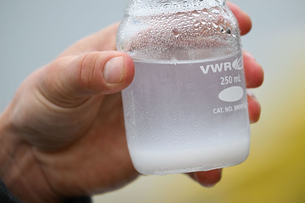 A sample of removed carbon in the solid form of calcium carbonate and magnesium hydroxide is displayed during a briefing about UCLA's climate change carbon removal project at the Port of Los Angeles in San Pedro, Calif., on April 12, 2023.