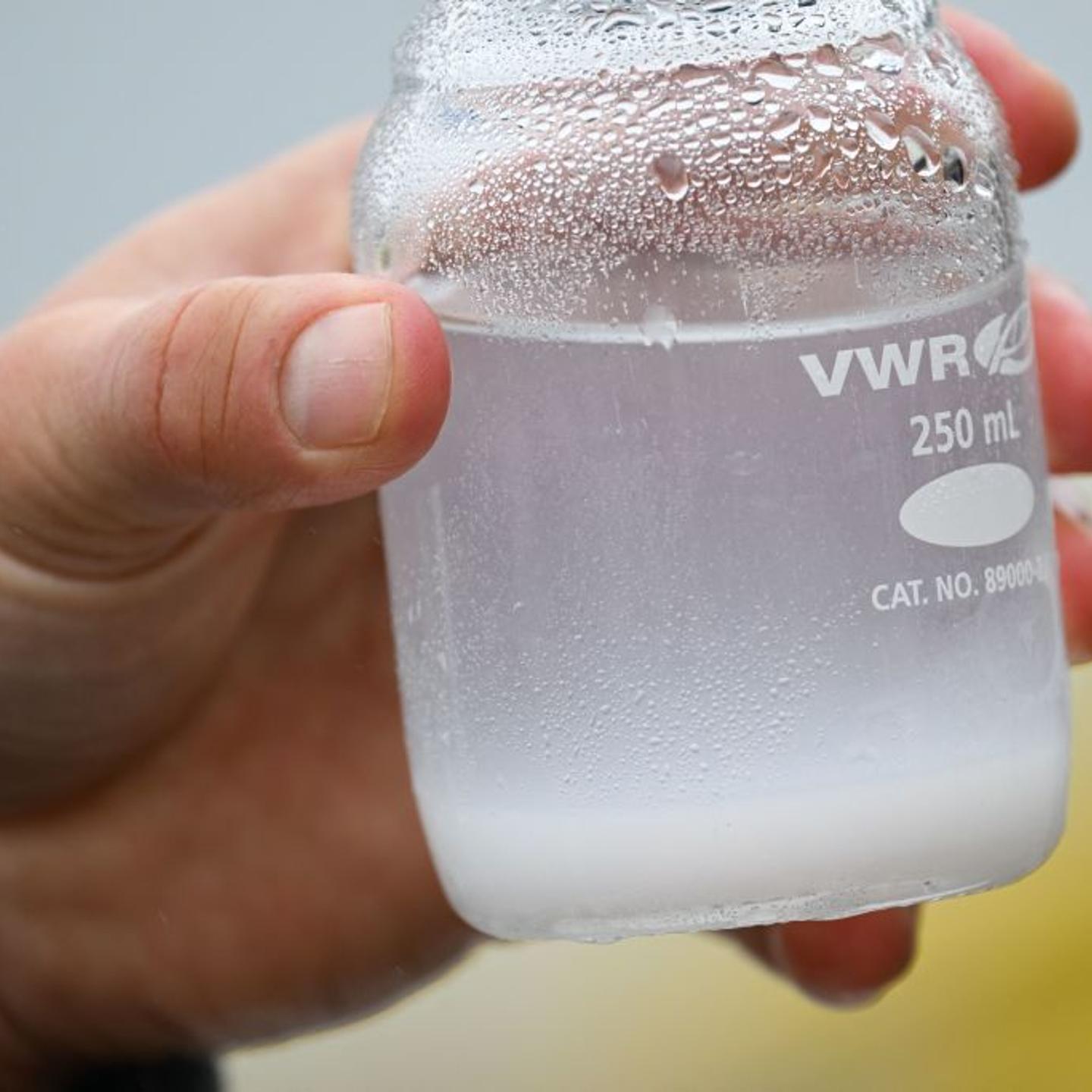 A sample of removed carbon in the solid form of calcium carbonate and magnesium hydroxide is displayed during a briefing about UCLA's climate change carbon removal project at the Port of Los Angeles in San Pedro, Calif., on April 12, 2023.