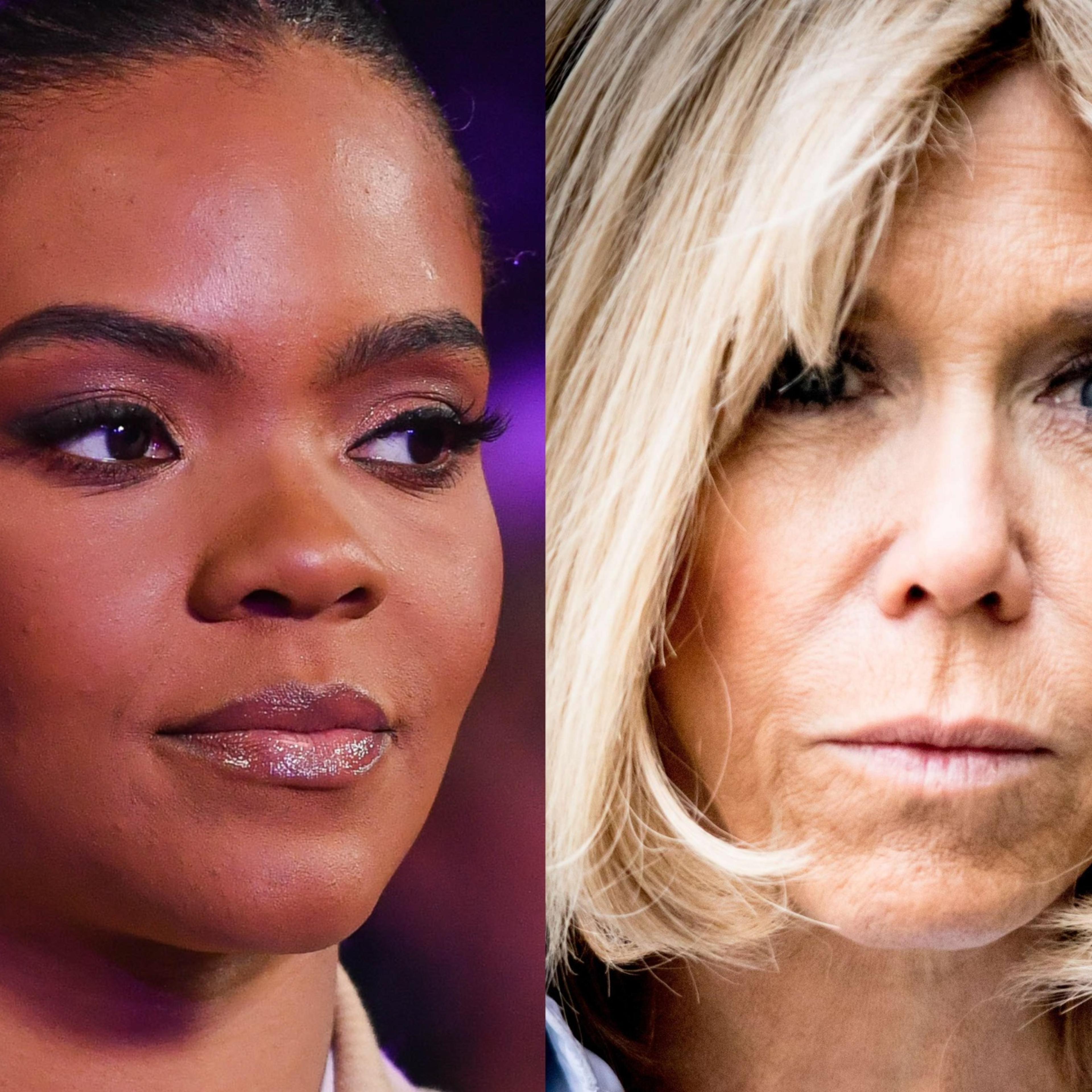 Left: Candace Owens on the set of her show in Nashville, Tenn., on March 29, 2022. Right: Brigitte Macron visits the village of Oradour sur Glane, France, on April 13, 2017.