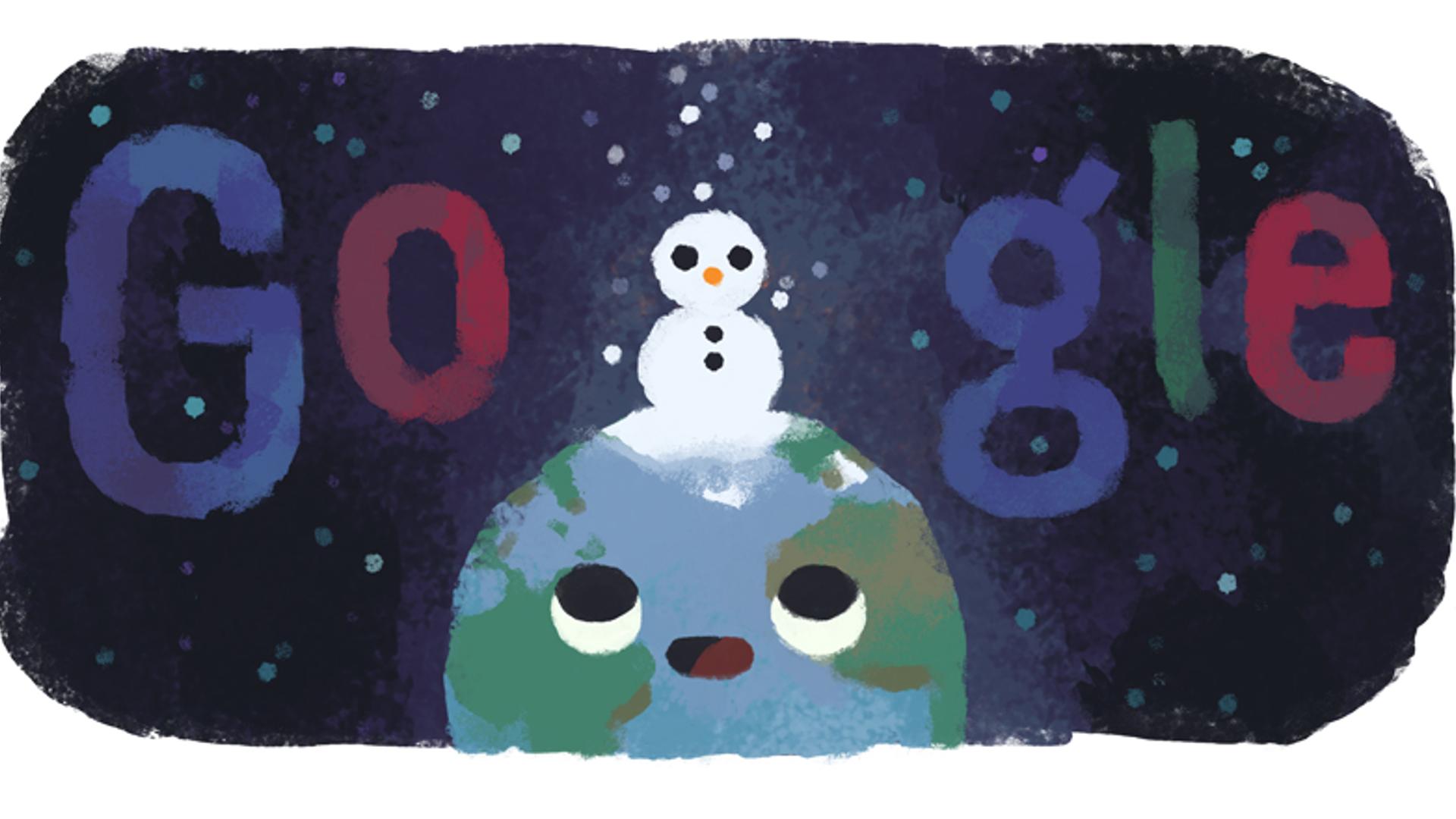 Pastel drawing of the earth with a snowman on top. Google logo affixed above globe