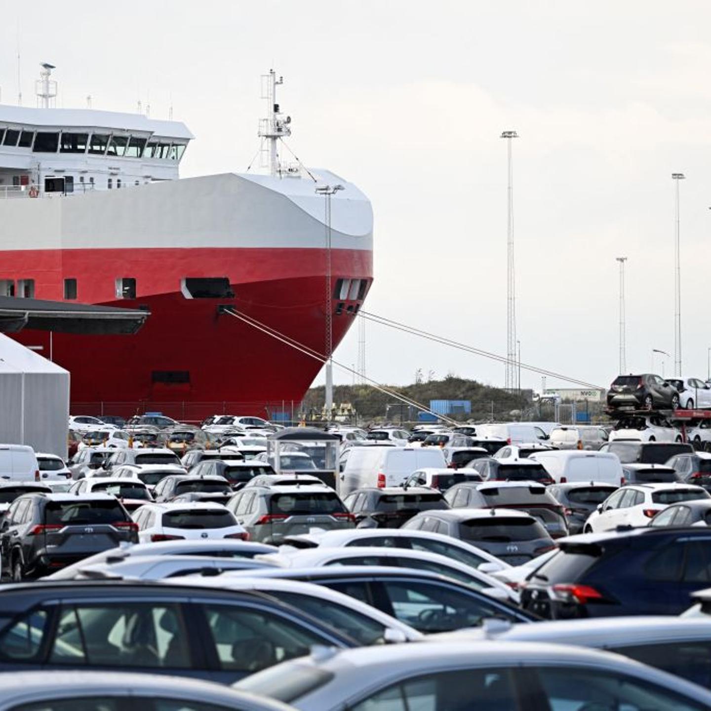 Cars at the port of Malmo, Sweden as port workers block the loading of vehicles from US electric car giant Tesla during a strike on Nov. 7, 2023.