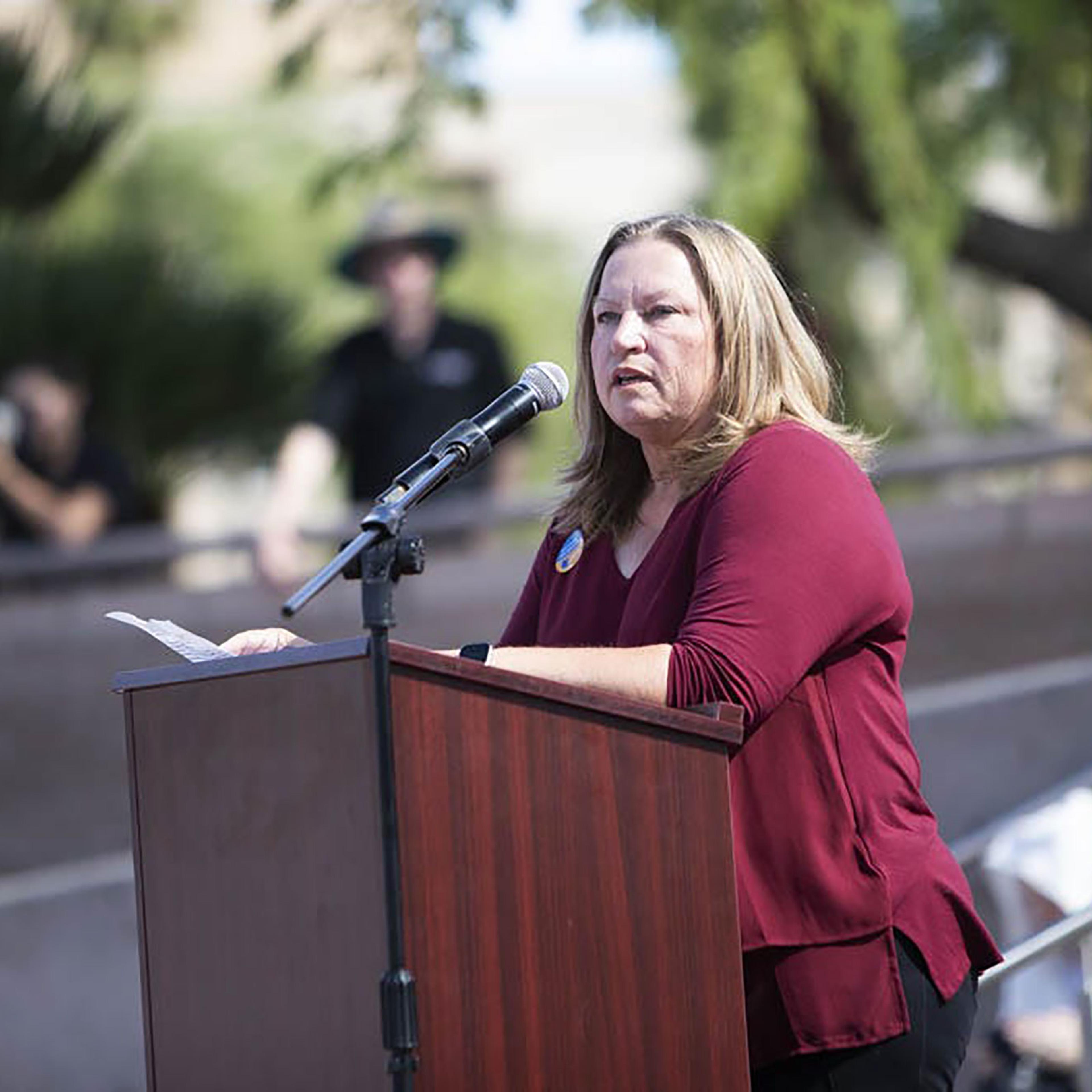 Arizona Senate candidate Cindy Hans speaks about abortion access in Arizona at Wesley Bolin Plaza in Phoenix on Oct. 8,