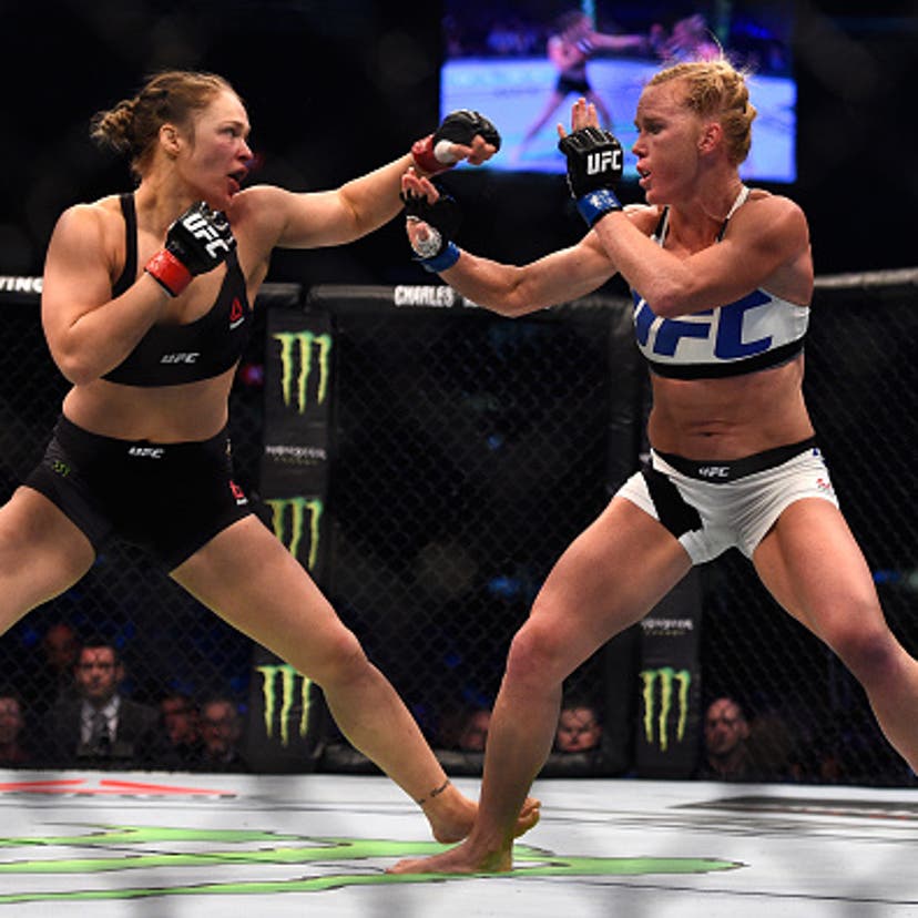 Ronda Rousey faces Holly Holm in their UFC women's bantamweight championship bout during the UFC 193 event at Etihad Stadium on November 15, 2015 in Melbourne, Australia.
