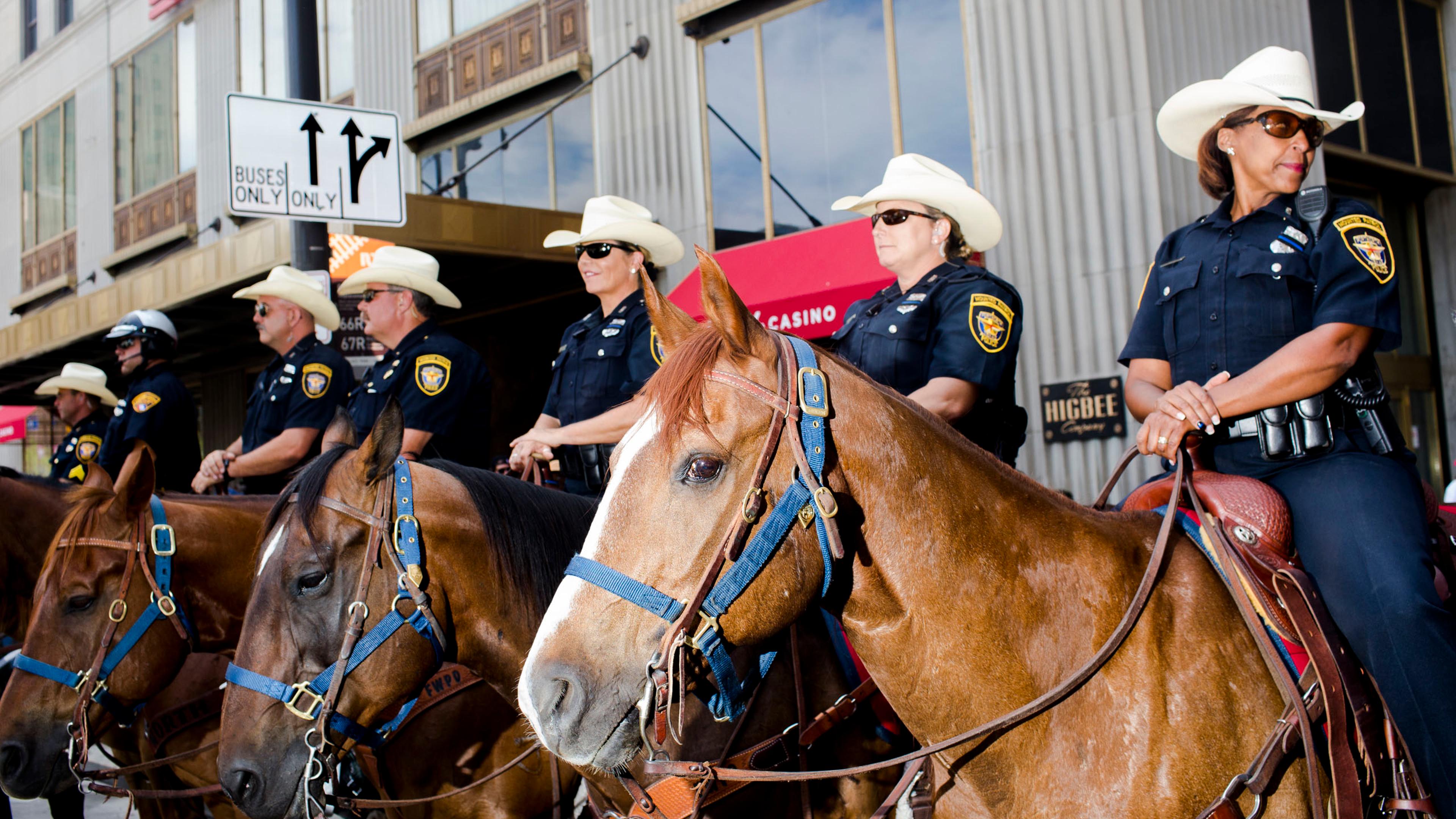 Mounted police from Fort Worth, Texas monitor the 2016 Republican National Convention in Cleveland on Wednesday, July 20, 2016.