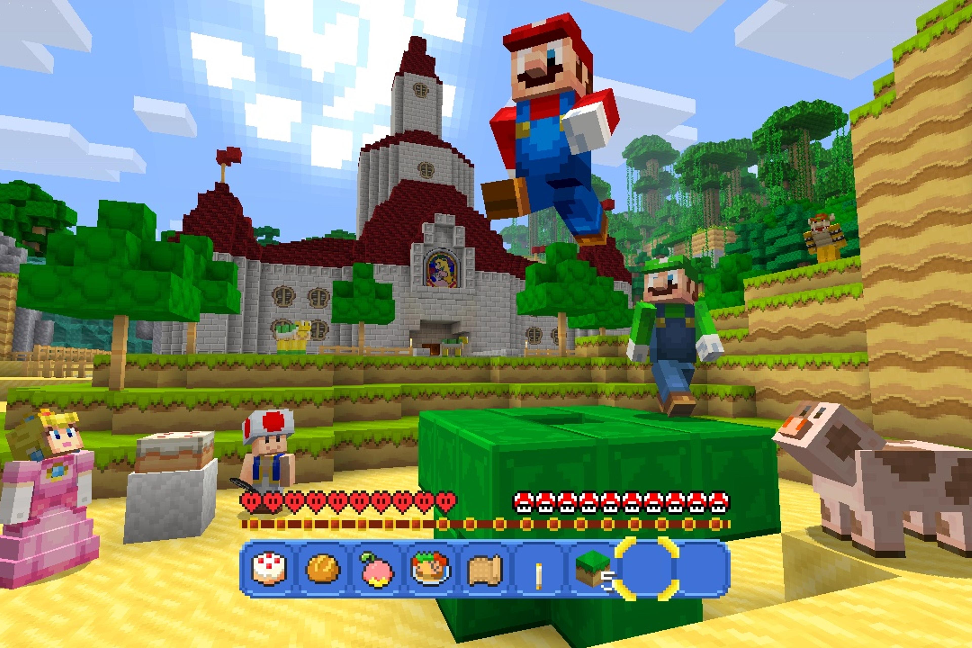 Super Mario Mash-Up world in Minecraft Mario, Luigi, and a castle in Minecraft’s Super Mario Mash-Up world
