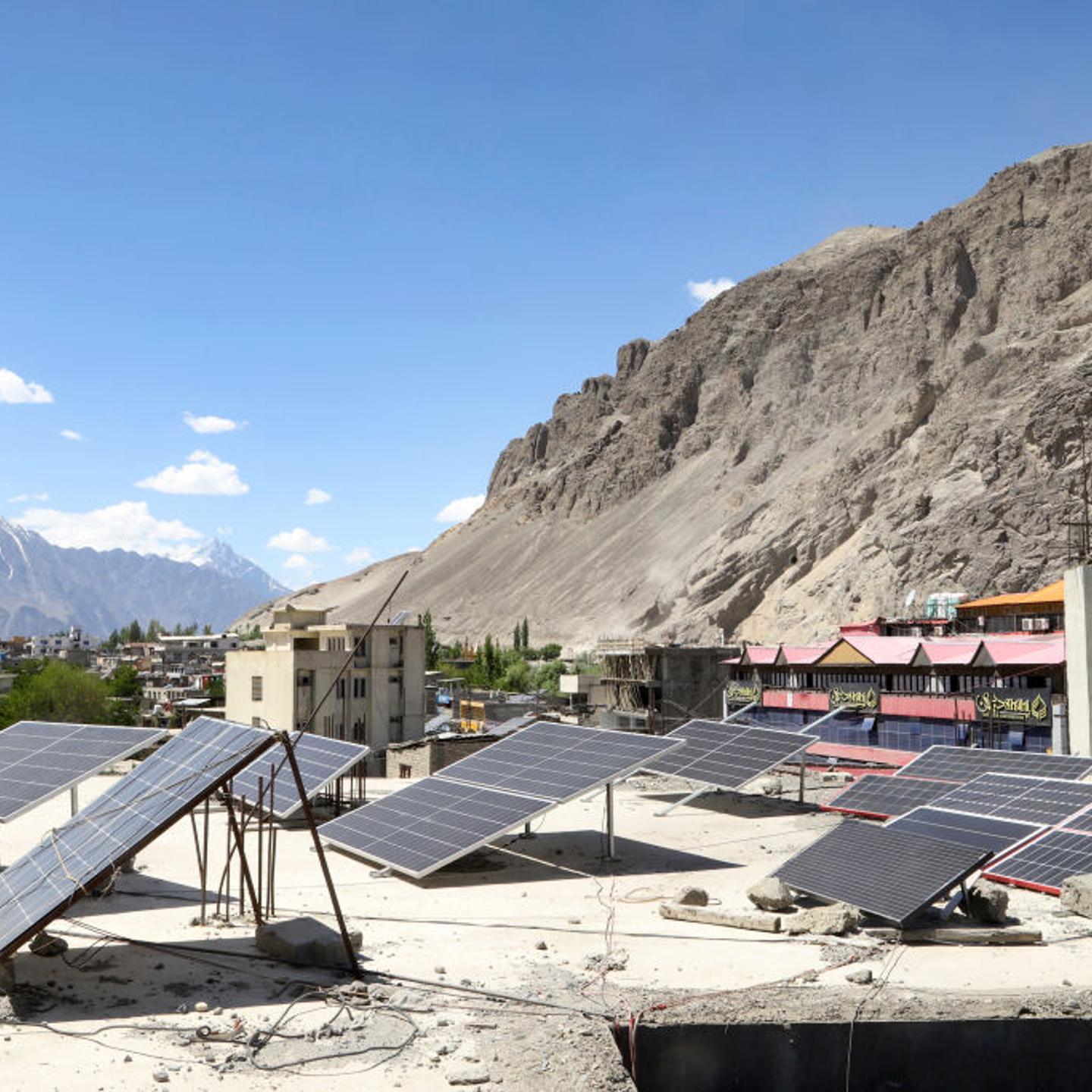 Solar panels installed on the roof of a building at Skardu in Pakistan's Gilgit-Baltistan region.