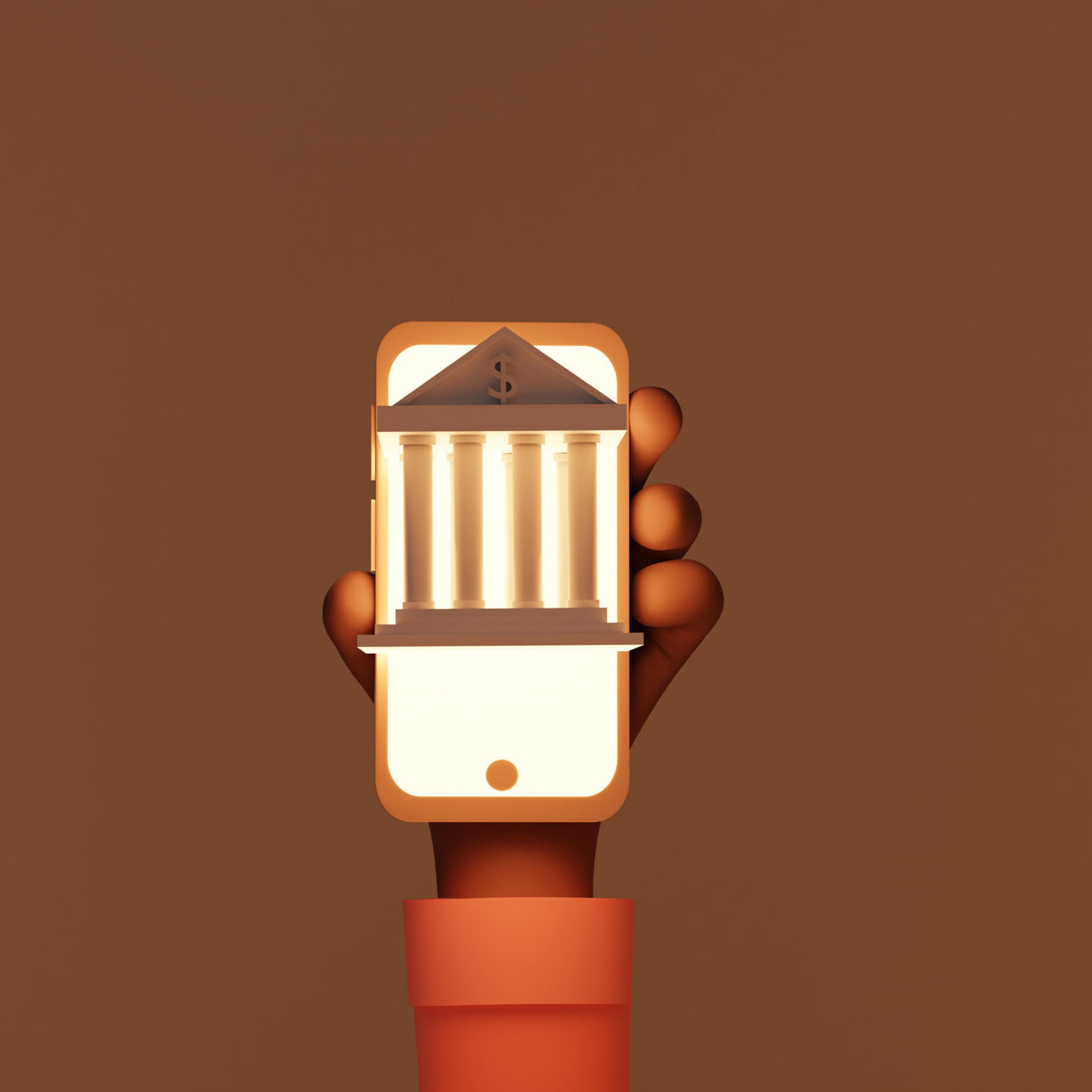 Low poly Hand holding Phone, Online banking concept photo