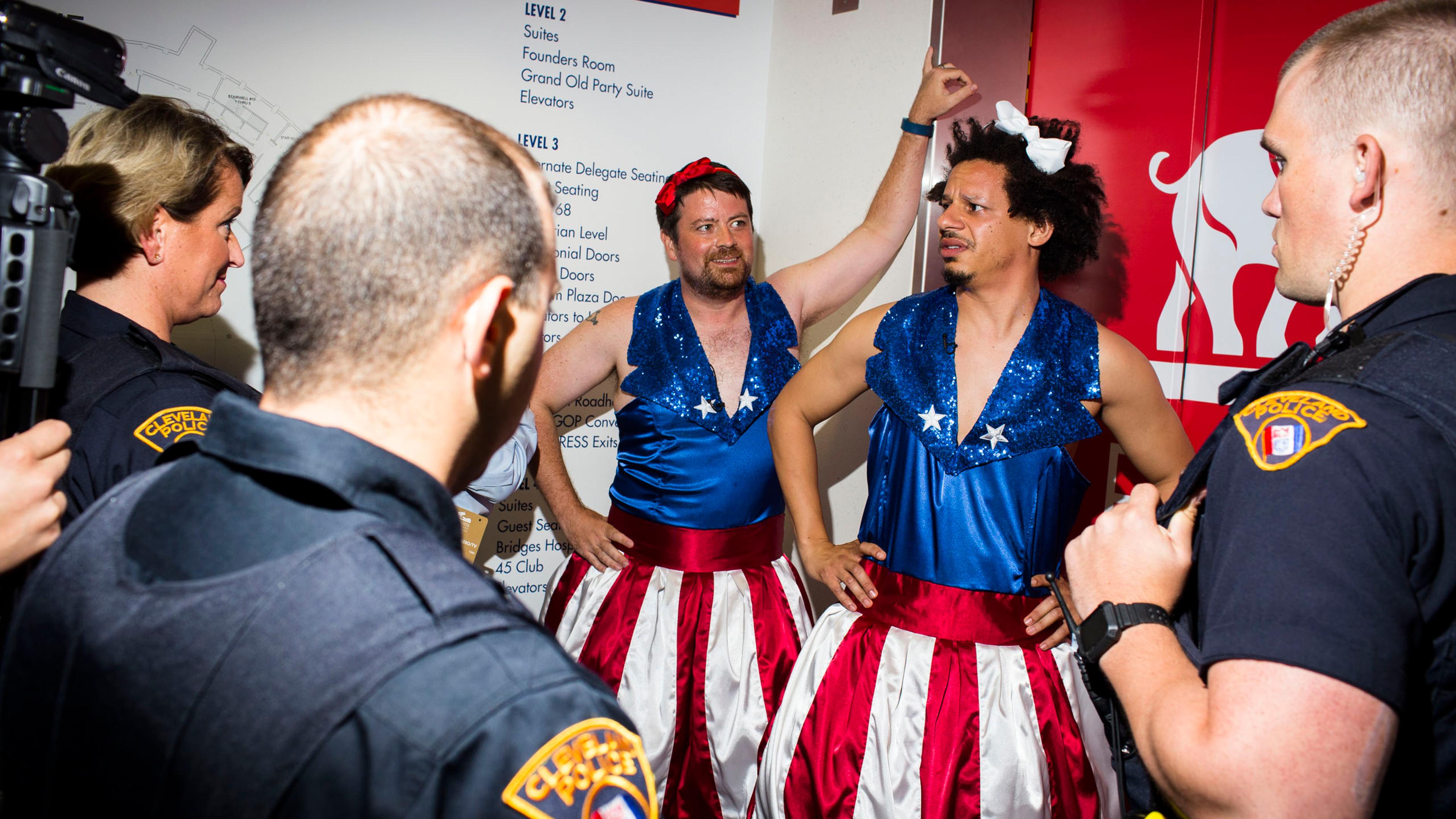 Comedian Eric Andre is escorted from the 2016 Republican National Convention in Cleveland on Tuesday, July 19, 2016.