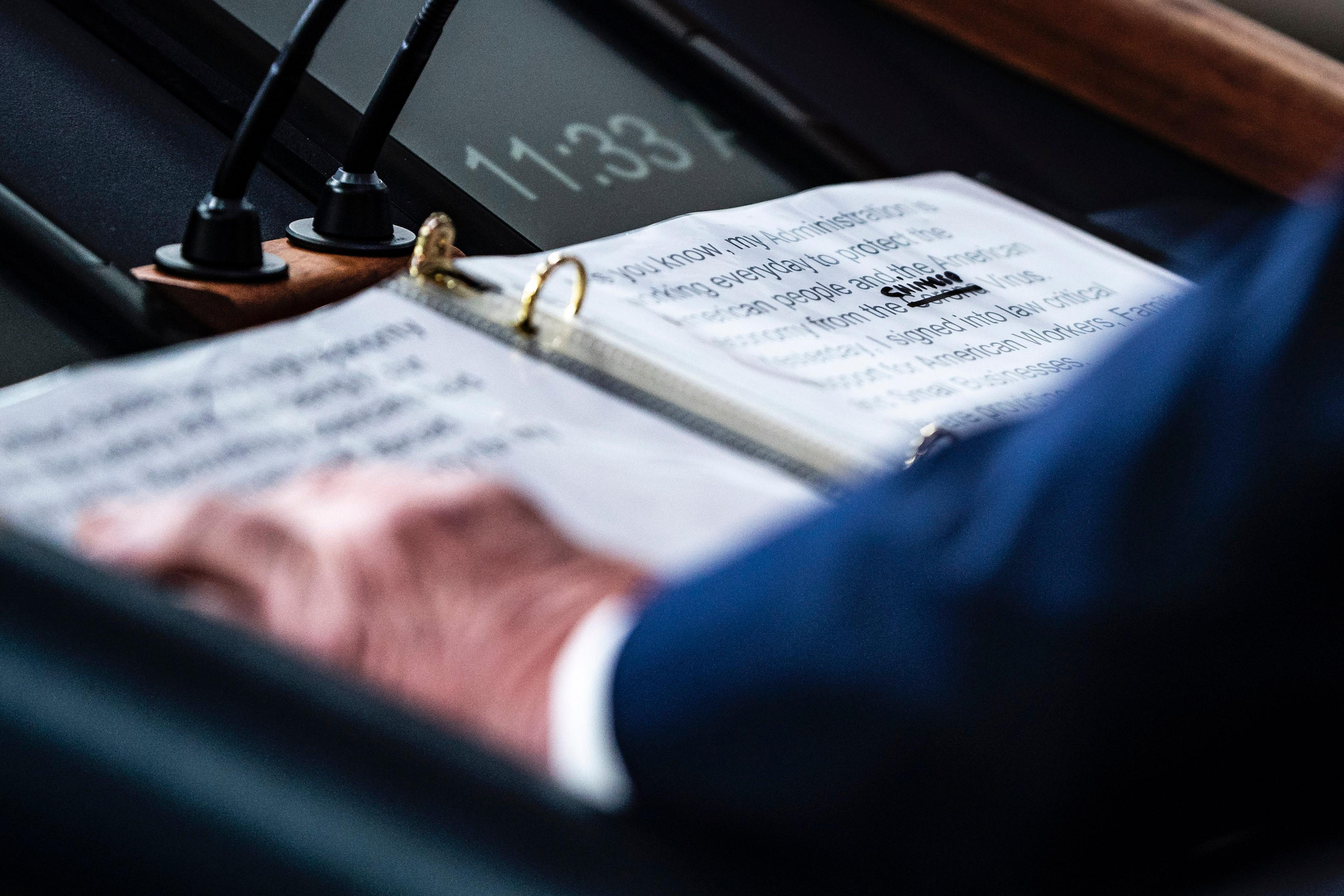A close-up of President Trump's notes shows where "Corona" was replaced with "Chinese" Virus as he speaks at the White House on March 19, 2020.