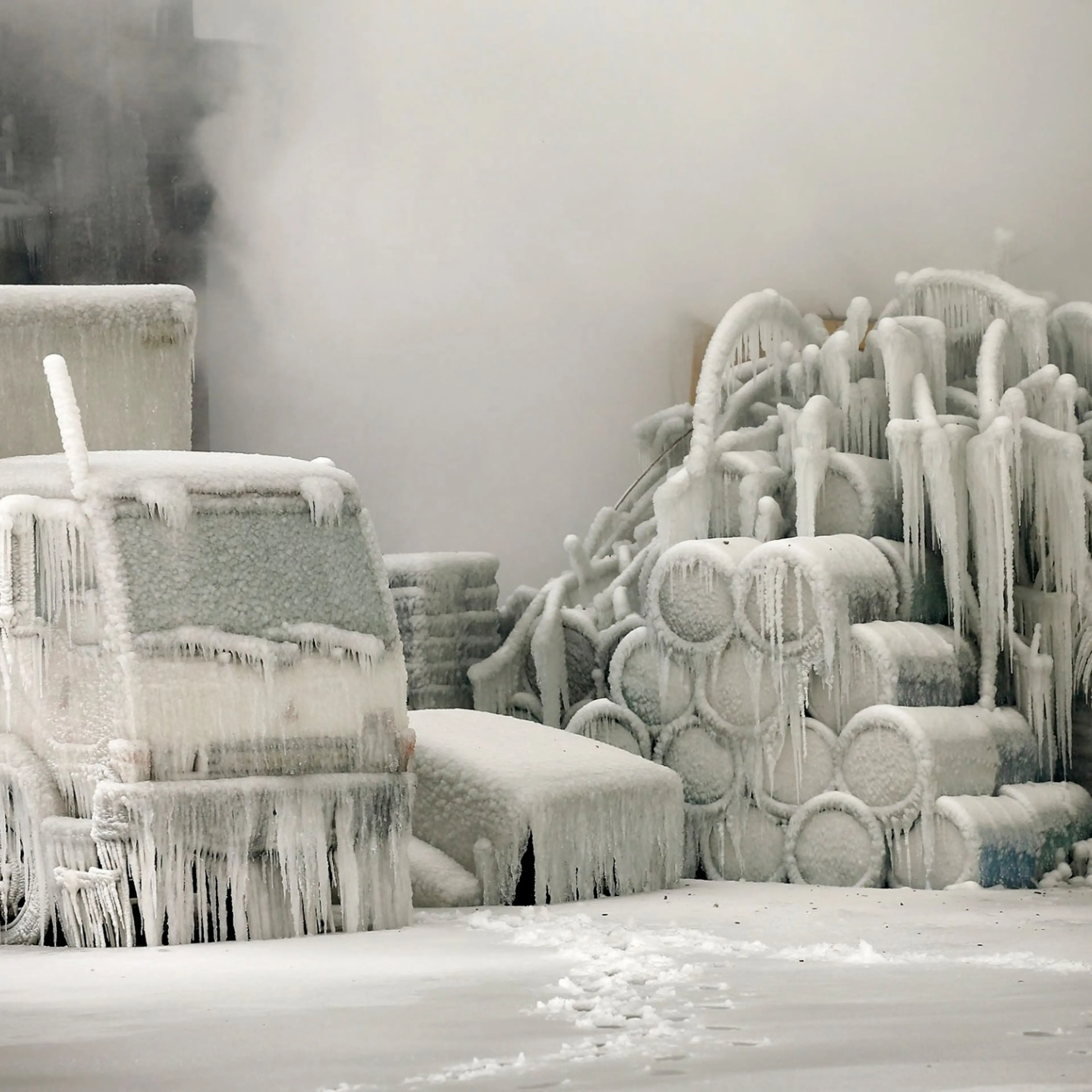 A truck is covered in ice as firefighters help to extinguish a massive blaze at a vacant warehouse on January 23, 2013 in Chicago. More than 200 firefighters battled a five-alarm fire as temperatures were in the single digits.