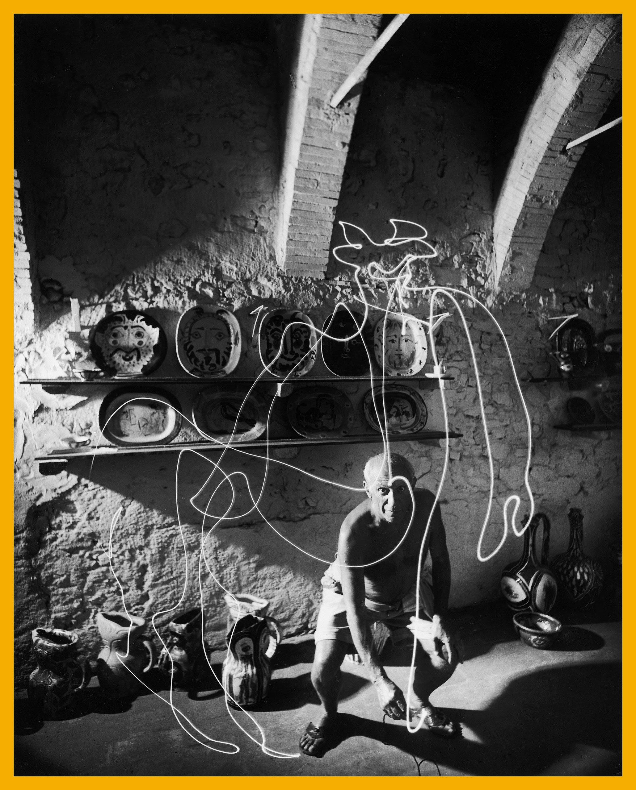 Pablo Picasso "draws" a centaur in the air with light, 1949.