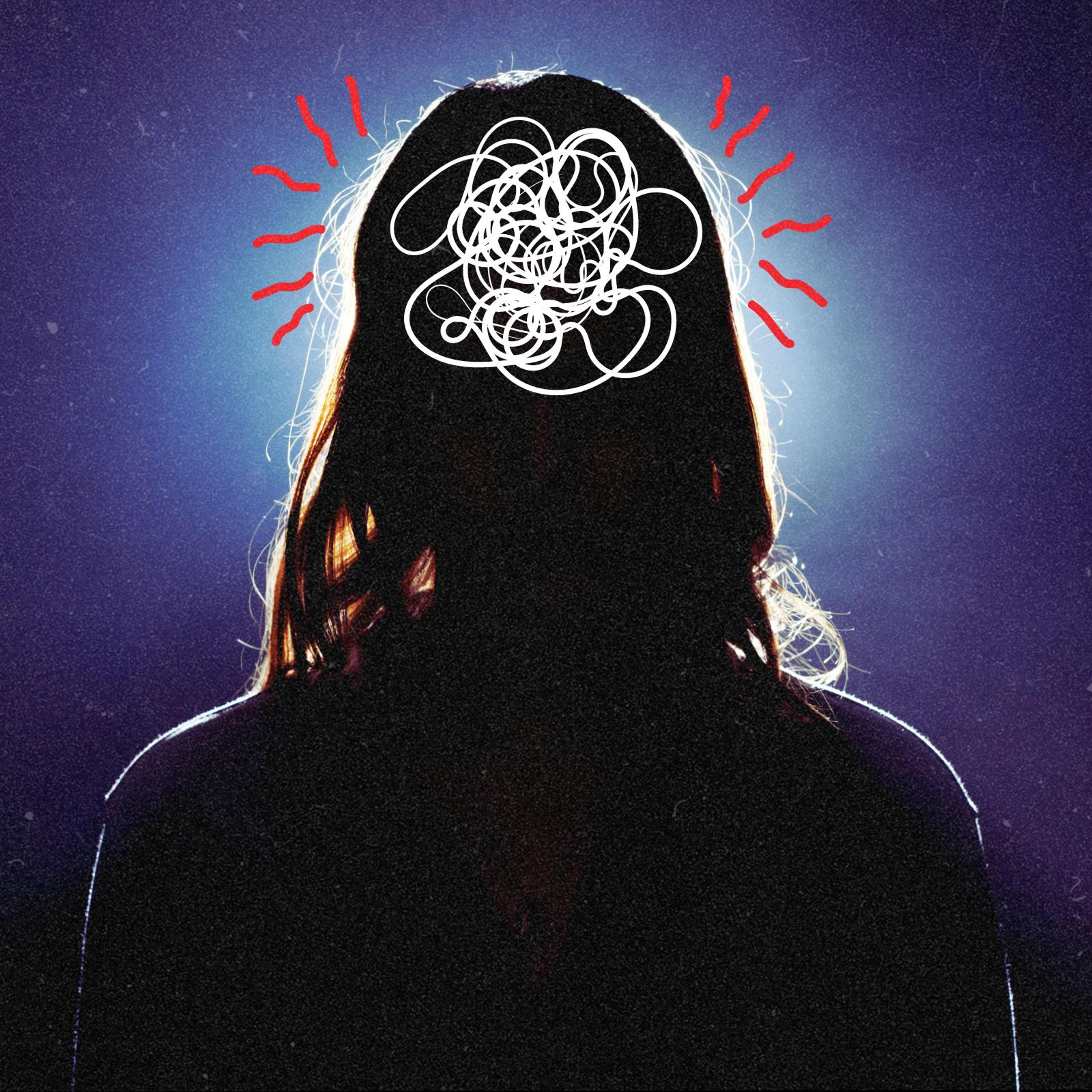 Silhouette of woman with squiggles over her head to represent brain fog and hot flashes