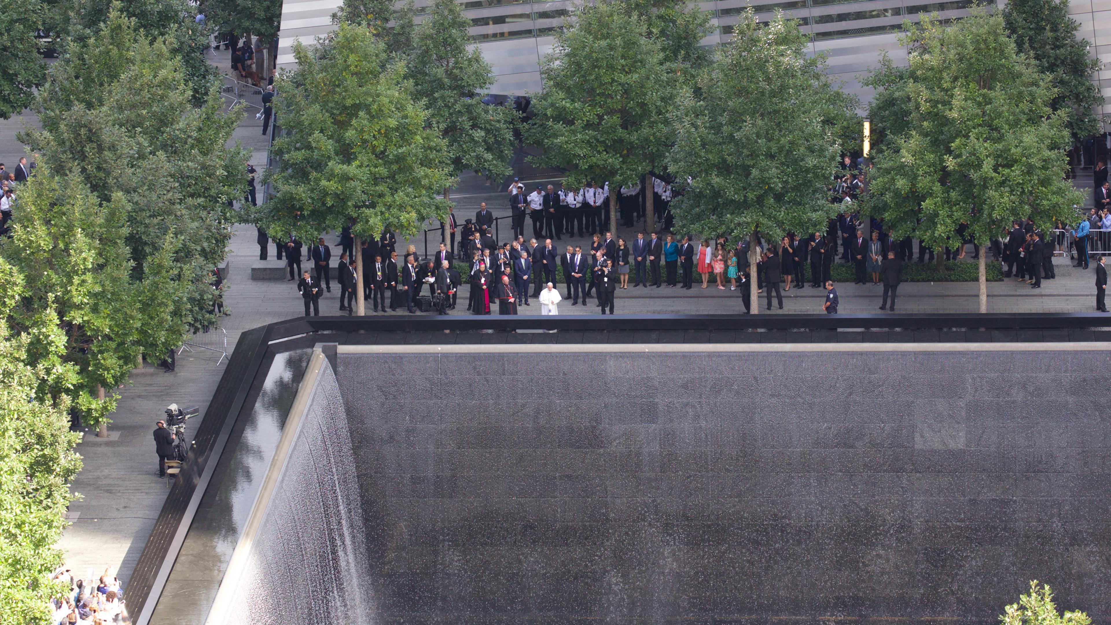 Pope Francis prays at the South Pool of the 9/11 Memorial in downtown Manhattan, Friday, Sept. 25, 2015, in New York, NY. Photograph by Tobias Hutzler for TIME