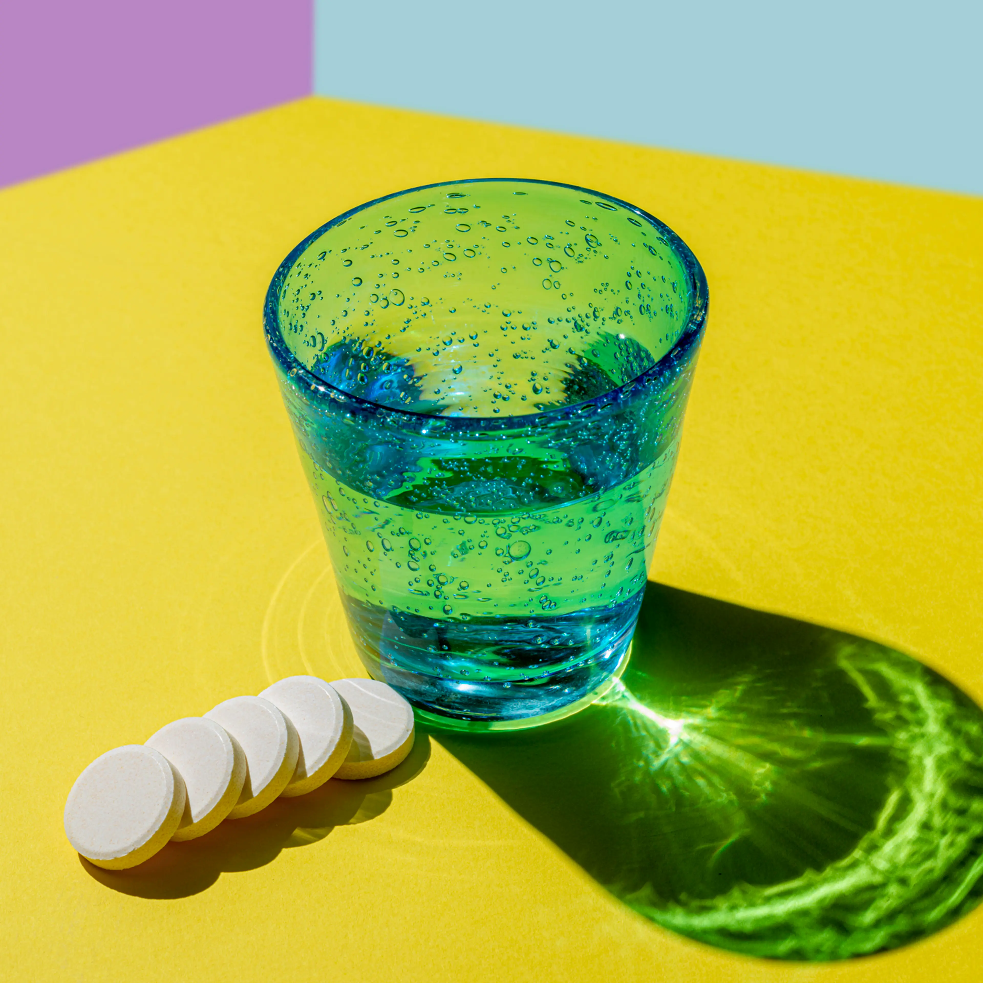Effervescent tablet and glass of water