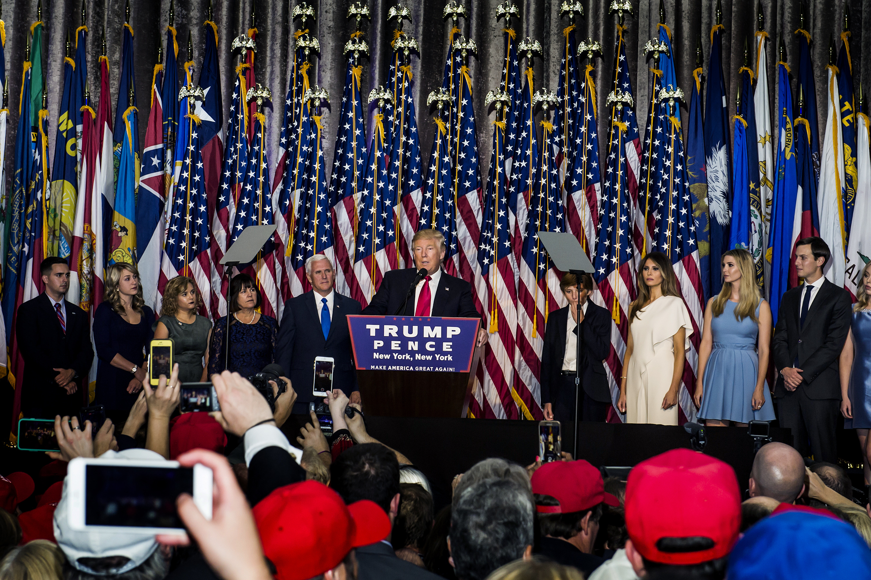 President-elect Donald Trump addresses his Victory Night party on Tuesday, Nov. 8, 2016 in New York's Manhattan borough. Trump defeated Democratic nominee Hillary Clinton in the contest for president of the United States.President-elect Donald Trump addr
