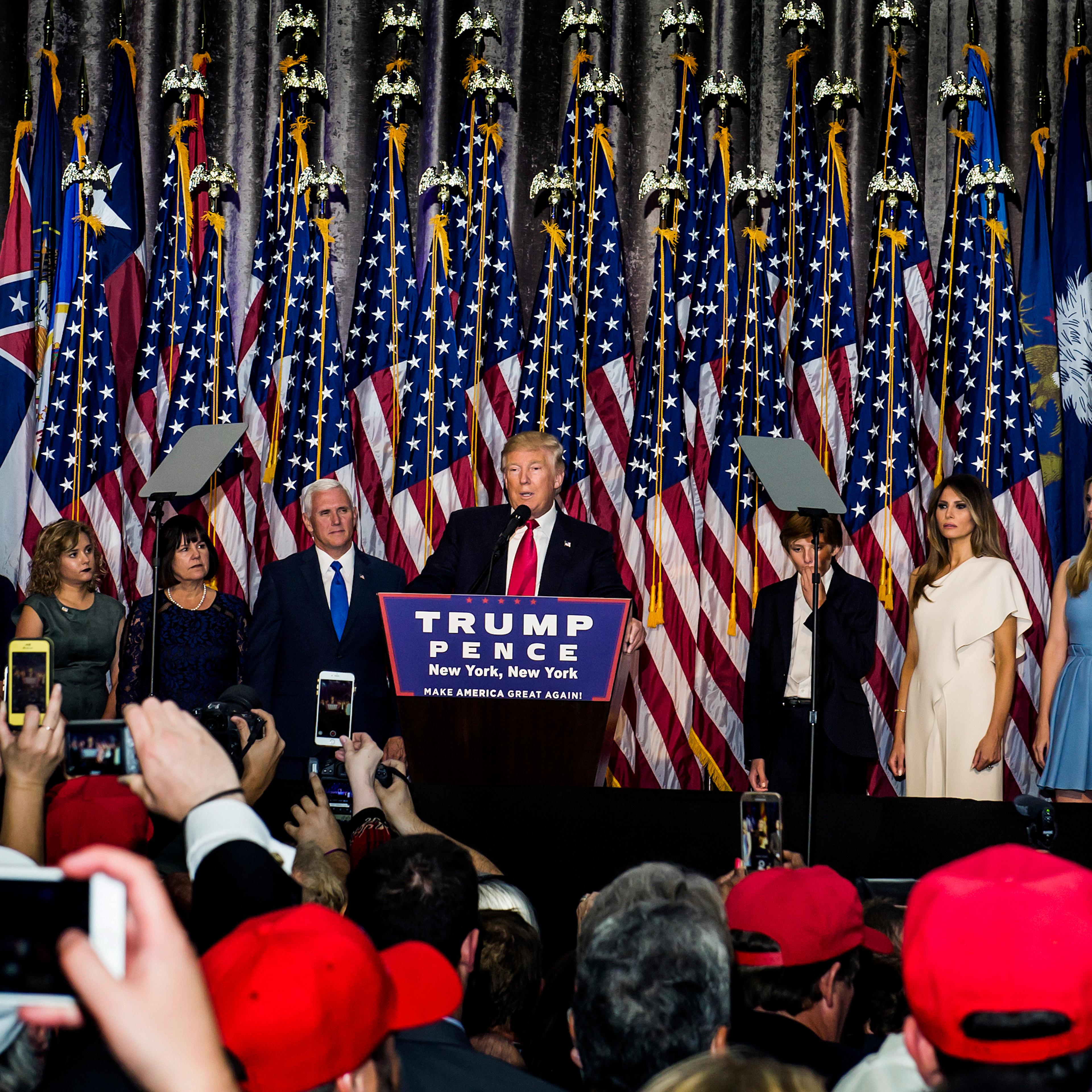 President-elect Donald Trump addresses his Victory Night party on Tuesday, Nov. 8, 2016 in New York's Manhattan borough. Trump defeated Democratic nominee Hillary Clinton in the contest for president of the United States.President-elect Donald Trump addr