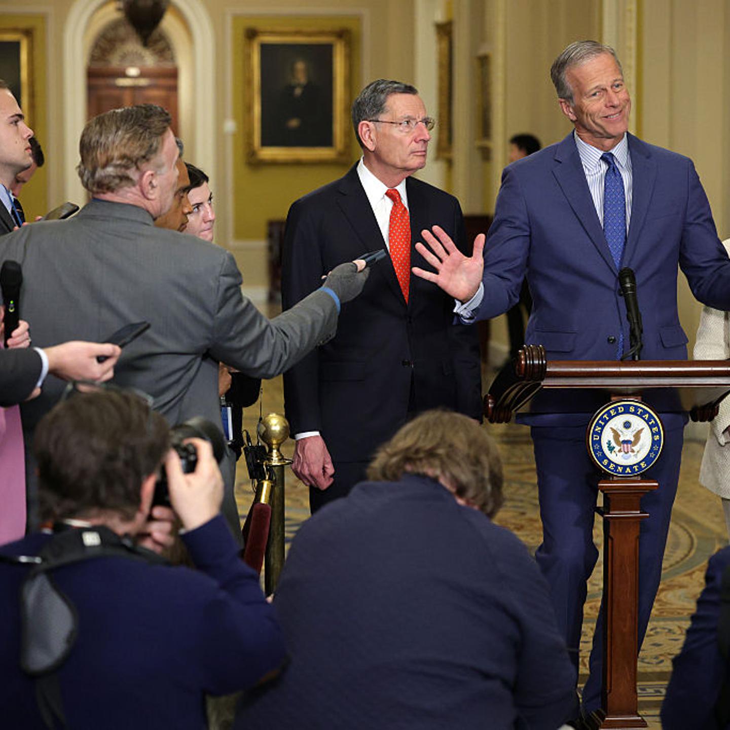 Senate Lawmakers Address The Media After Their Weekly Policy Luncheons