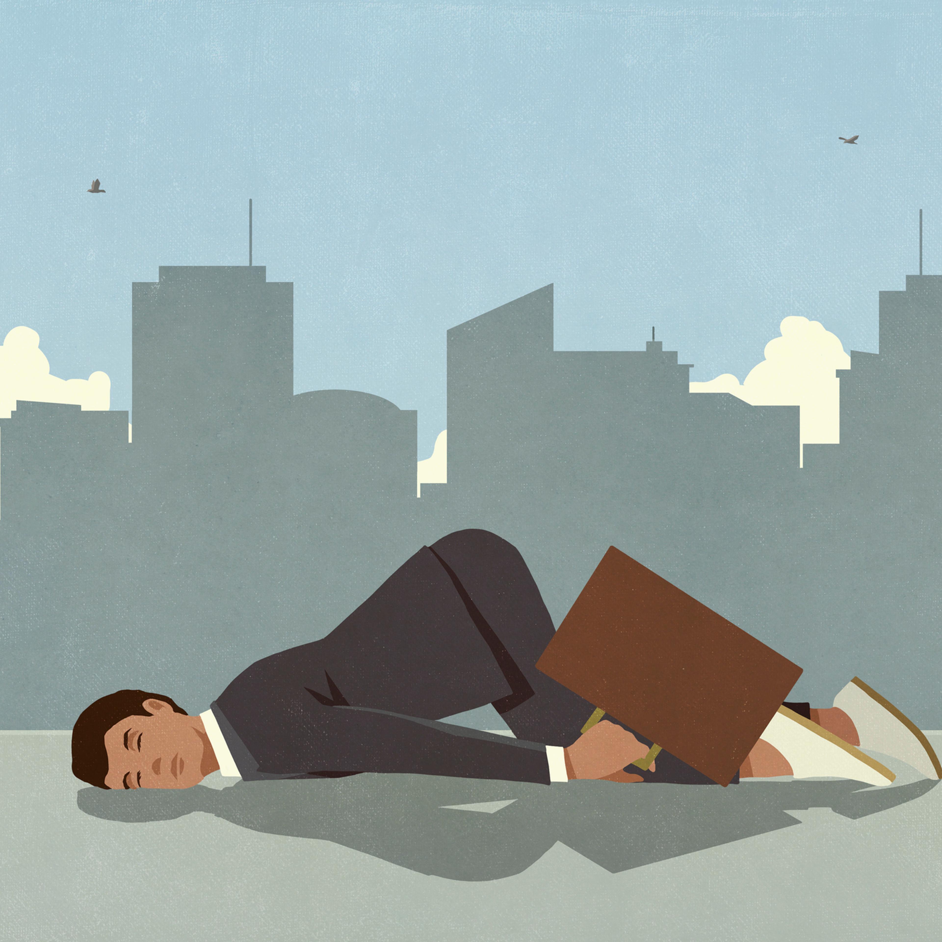 An illustration of an exhausted businessman sleeping on city sidewalk